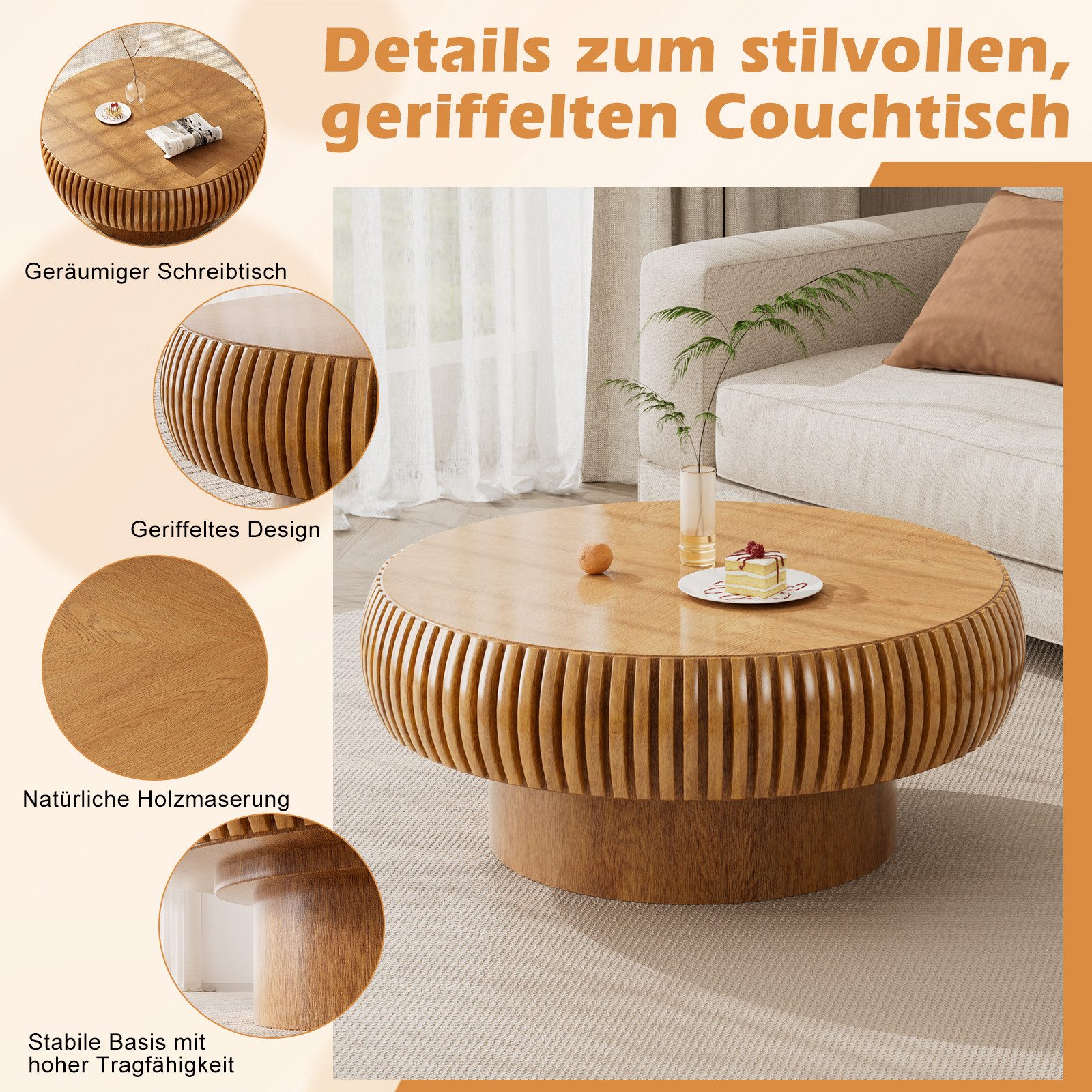 TWSOUL Couchtisch rund 70 cm modern, Wohnzimmertisch Holzoptik Rillenstruktur, braun, 70×35 cm