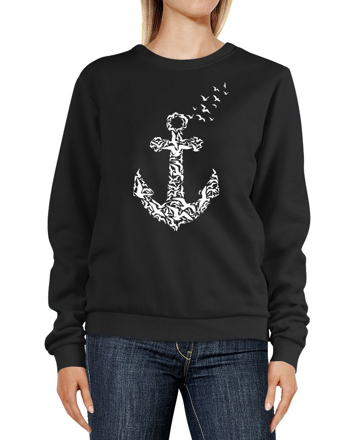Damen Neverless Neverless® Rundhals-Pullover Print Sweatshirt Vögel schwarz Anker Pulli Sweater Sweatshirt Aufdruck