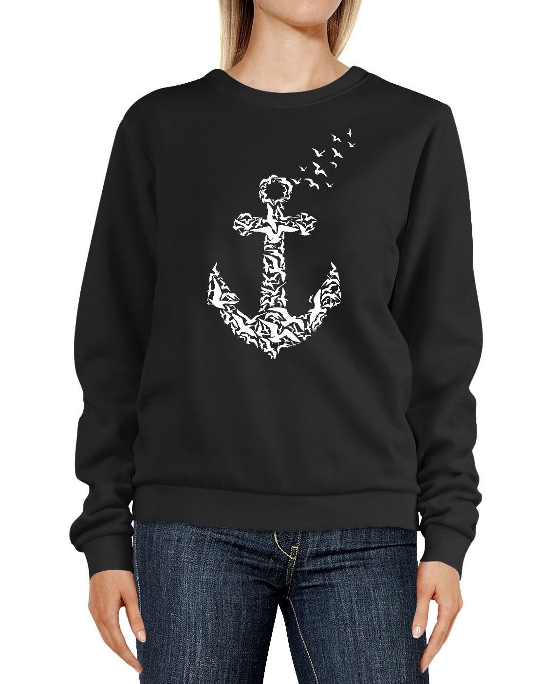 Neverless Sweatshirt Sweatshirt Damen Anker Vögel Print Aufdruck Rundhals-Pullover Pulli