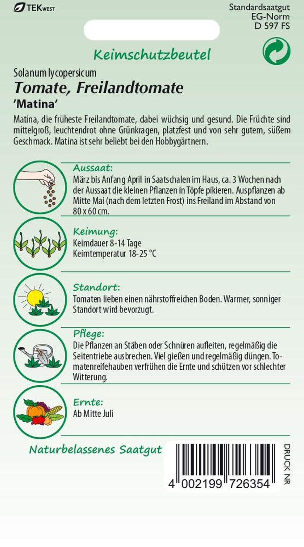 SAMEN PFANN Gemüsesamen Tomate, Matina - Saatgut Tomaten Samen, Solanum lyc günstig online kaufen