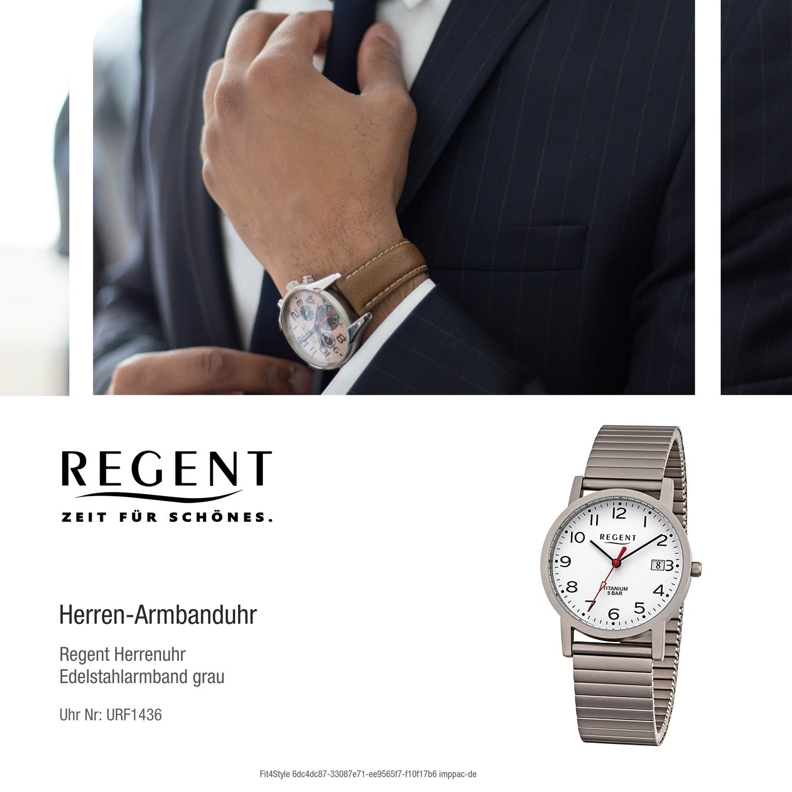 Herrenuhr Herren Regent Regent Edelstahlarmband grau, rundes Armbanduhr Analog, 34mm) (ca. Quarzuhr groß Gehäuse, extra