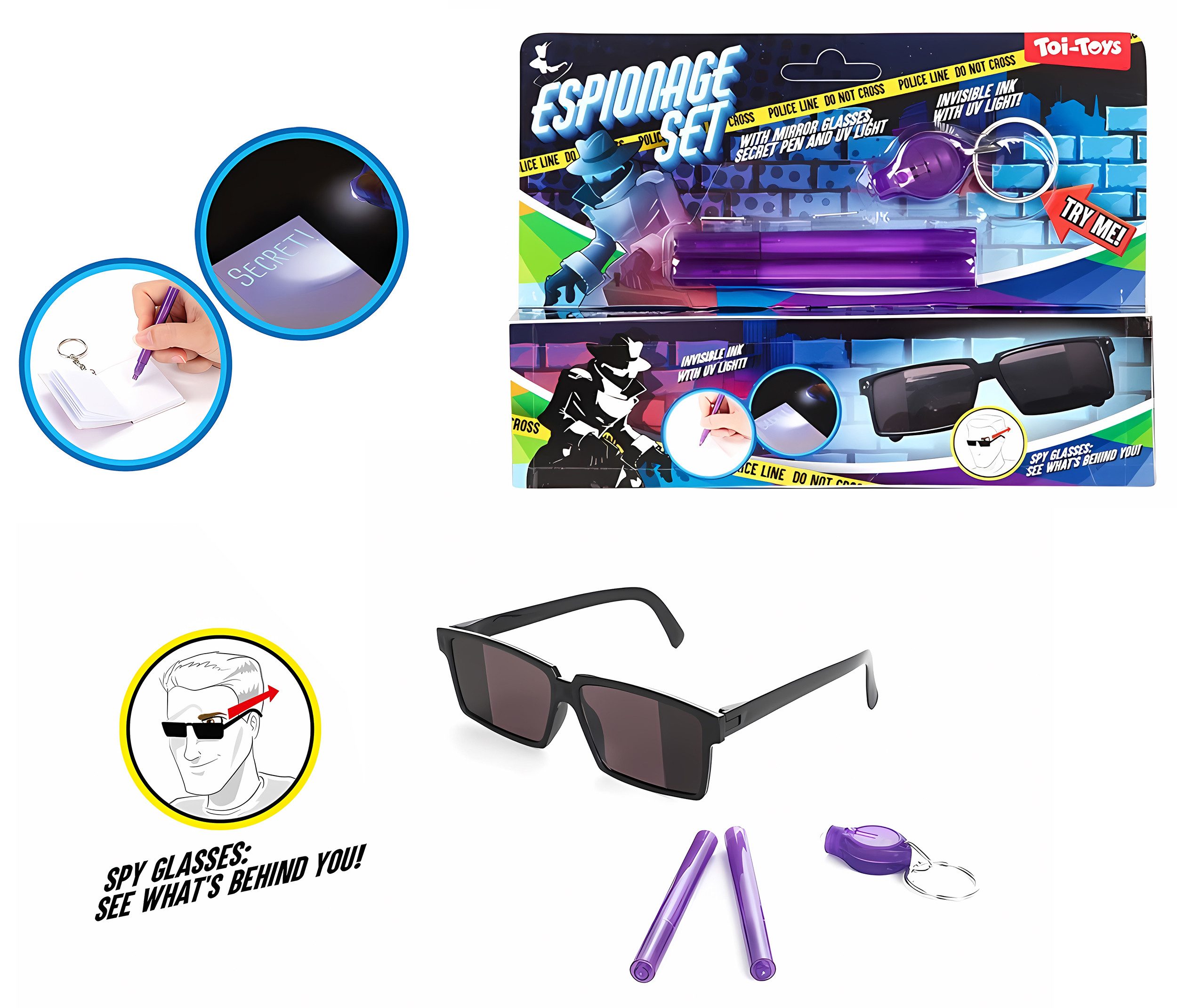 Toi-Toys Іграшки-Polizei Einsatzset SPIONAGE-SET mit Spiegelbrille Geheimstift und UV-Lampe, Detektiv magischer Marker UV Zauberstifte Kinderrollenspiel