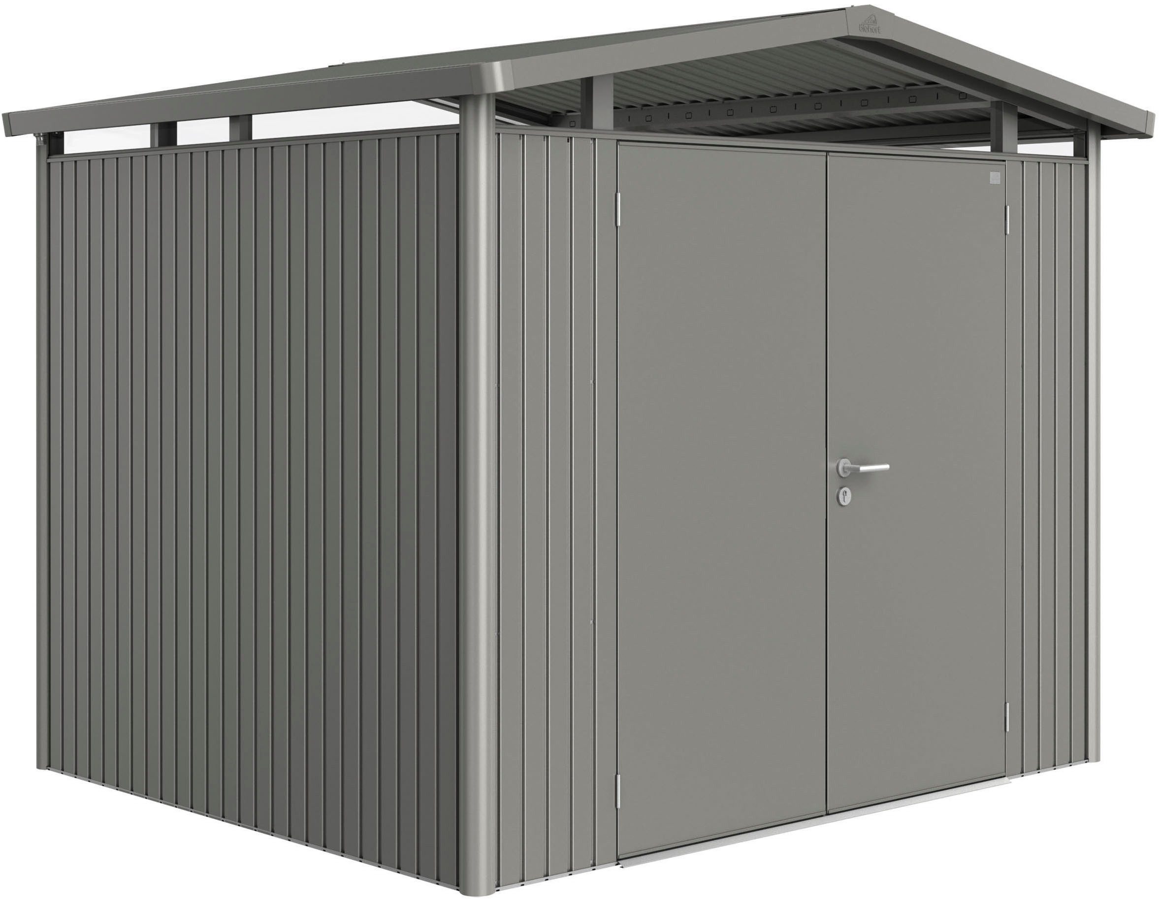 Biohort Gerätehaus PANORAMA Gr. P3 quarzgrau-metallic mit Doppeltür, BxT: 273x238 cm, aus Metall mit umlaufendem Acrylglas-Lichtband