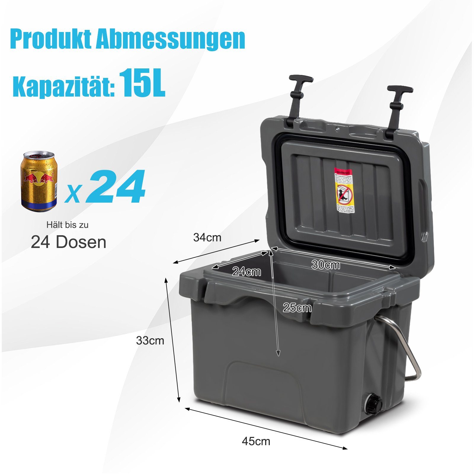 COSTWAY Kühlbox, 15 15L, bis Getränkehalter, l, mit 45x34x33cm Griff 75°C, Grau -30°C &