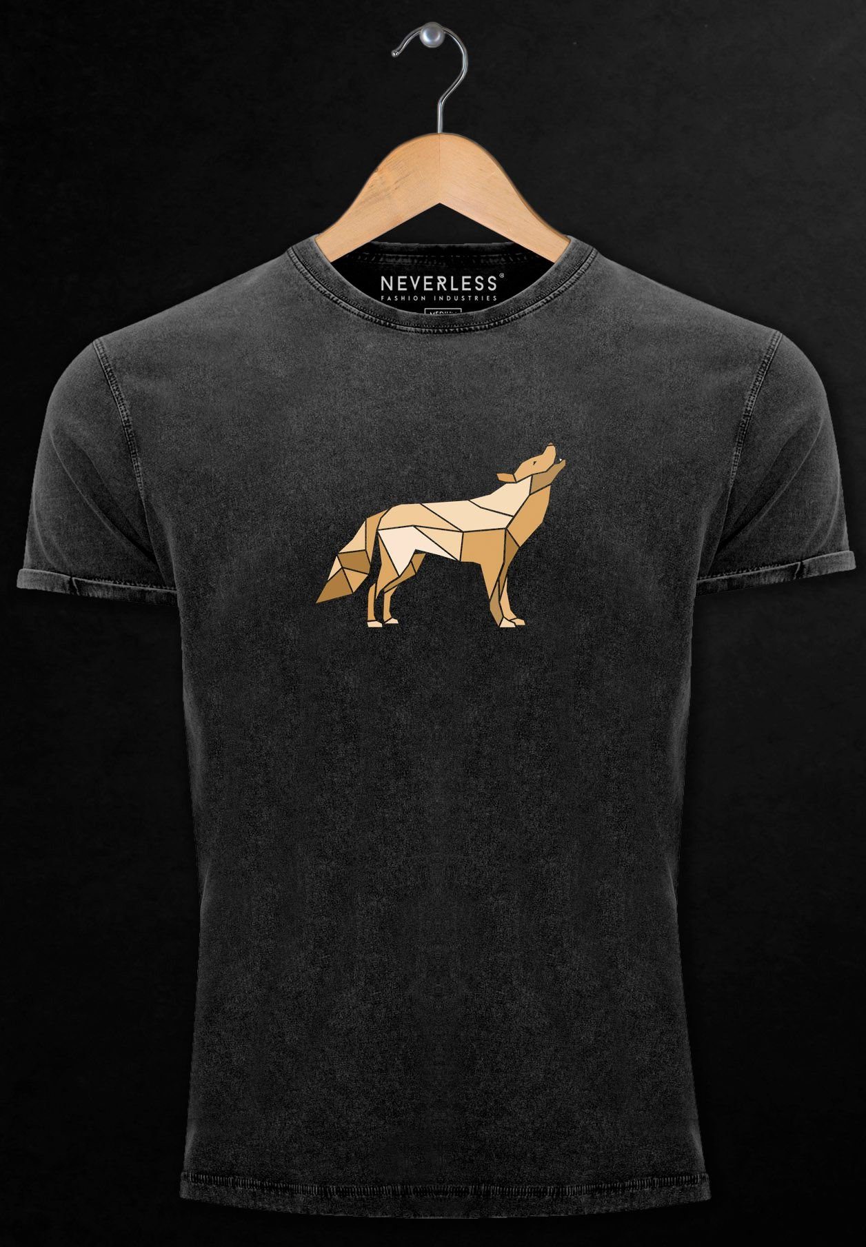 Neverless Print-Shirt Herren Wolf Print schwarz mit Wil Geometrie Shirt Vintage Polygon Print Outdoor Aufdruck