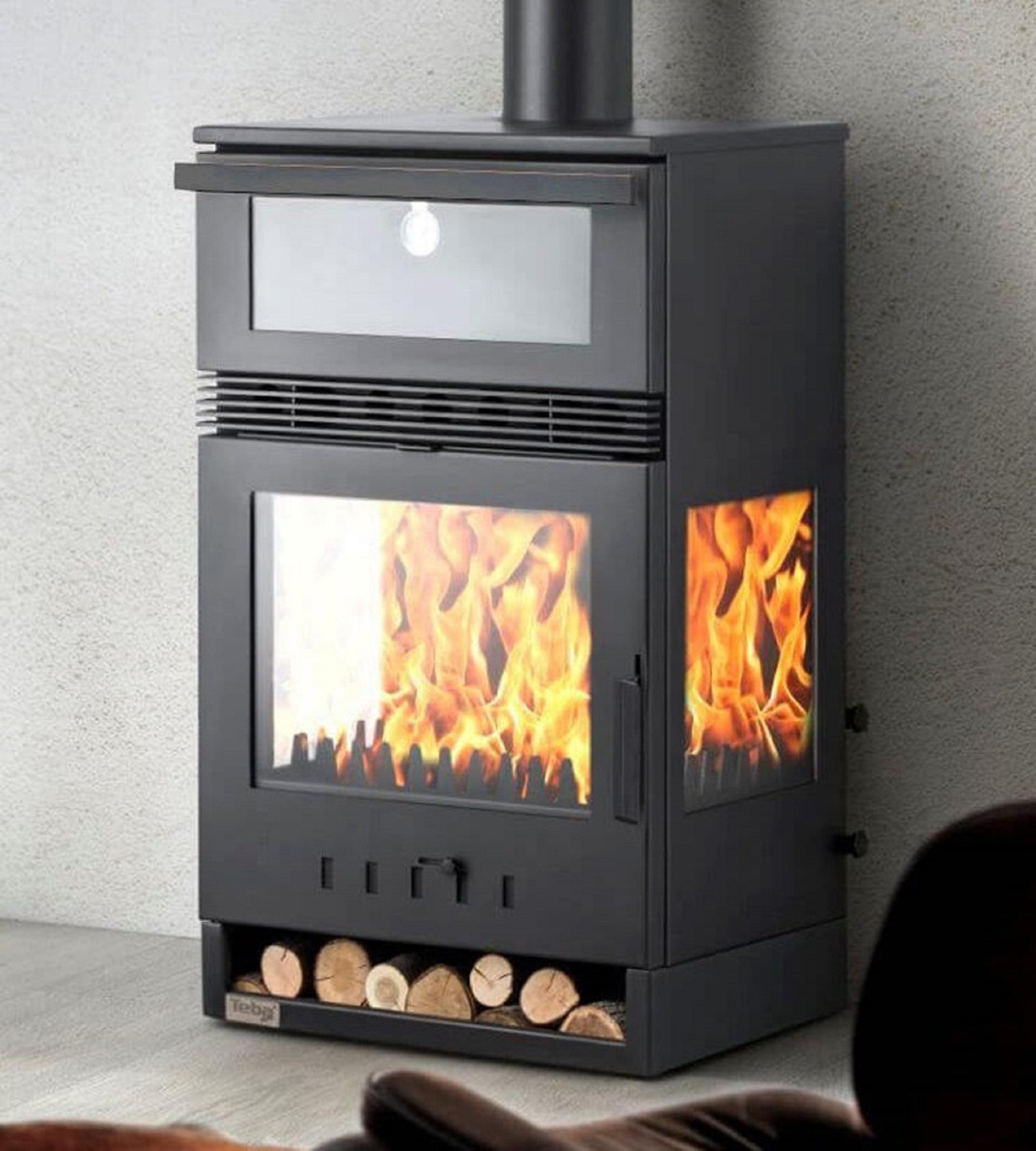 Teba Therm Kaminofen mit Backfach Panorama Kamin 3 Scheiben Glas TKS 15 Holzofen Dauerbrand, Externe Luftzufuhr