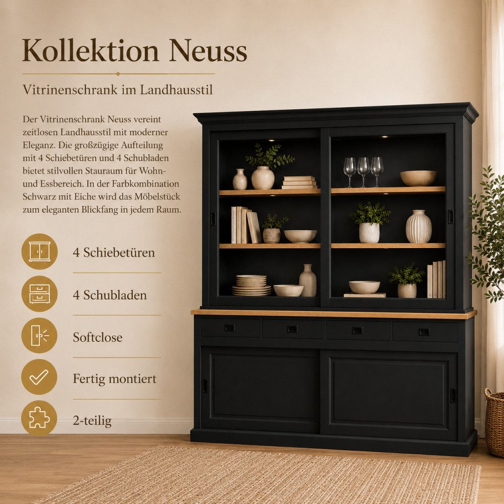 Wohnpalast Vitrine Vitrinenschrank Neuss 180 cm schwarz mit Eiche – Landhaus Schrank