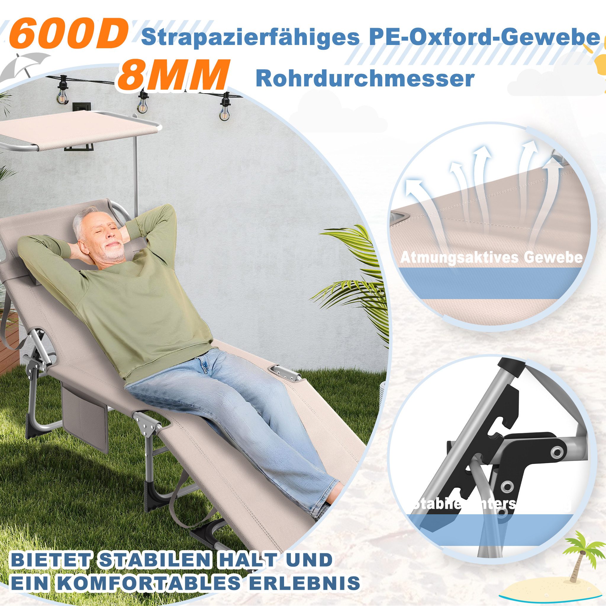 FIVMEN Gartenliege Sonnenliege Liegestuhl Garten Balkon Mit Sonnenschutz Klappbar Leicht, 1 St., Terrassen Liege Mit Dach Kopfkissen Tragegriffe Seitentasche – Bild 3 von 5