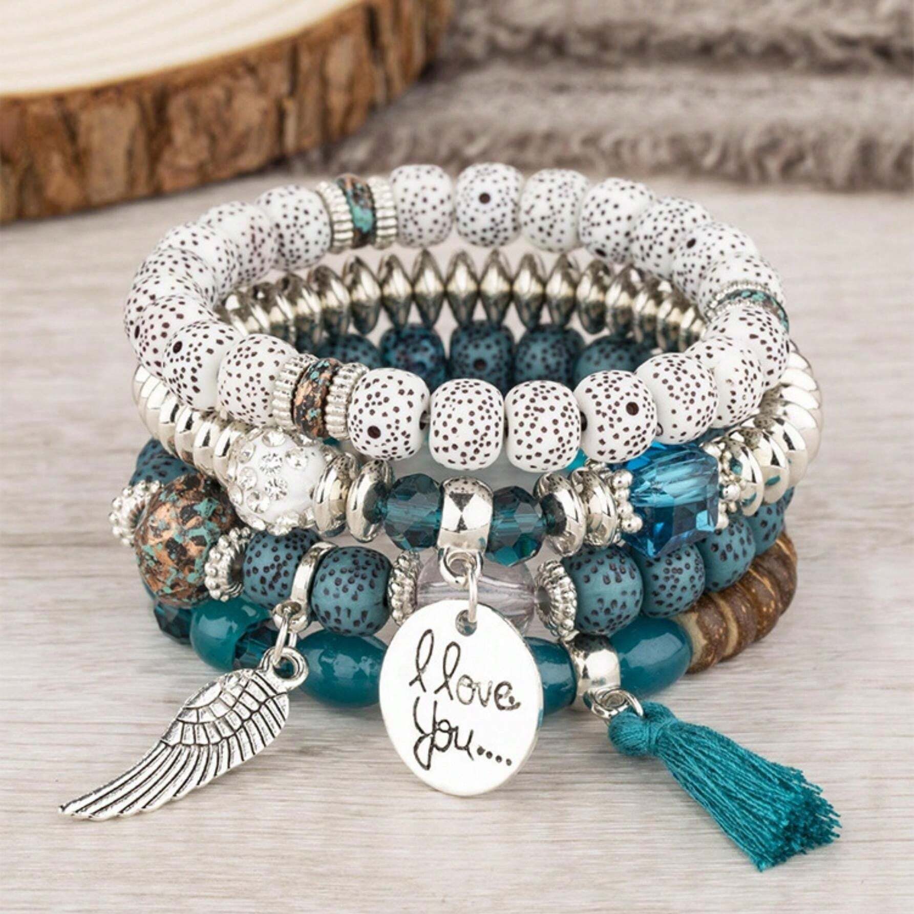 The Beauty House Armband Set Boho Armband Damen Set – 5-teilige Perlenarmbänder, in Türkis & Silber mit Anhängern, elastisch & stilvoll