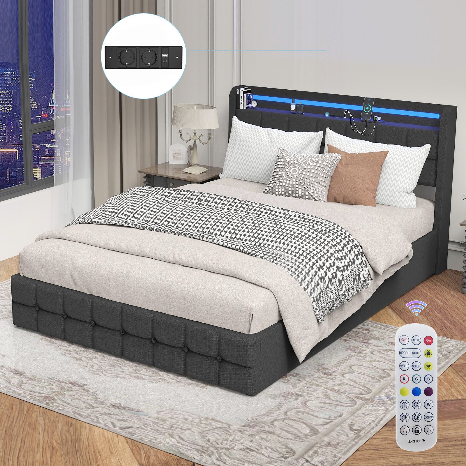 oyajia Polsterbett LED Doppelbett 140x200cm mit Ladefunktion und 2 Schubladen Polsterbett, Einzelbett Bettgestell mit Kopfteil und Lattenrost, Leinen Polsterbet – Bild 4 von 5
