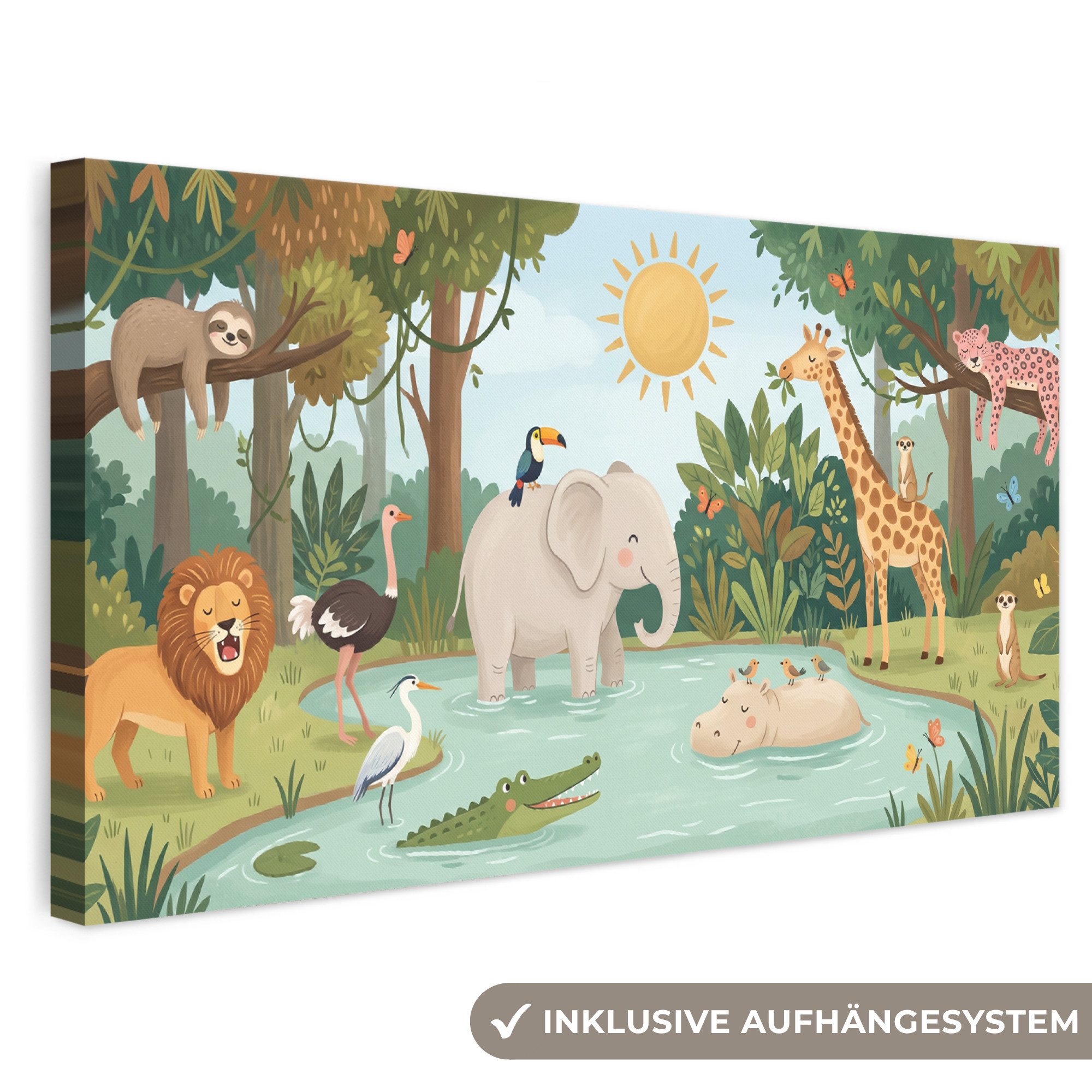 OneMillionCanvasses® Leinwandbild Panorama Dschungel - Oase - Tiere - Farbenfroh, Fotodruck (1 St), Wandbild, Deko Schlafzimmer Wohnzimmer Flur 40x20 cm