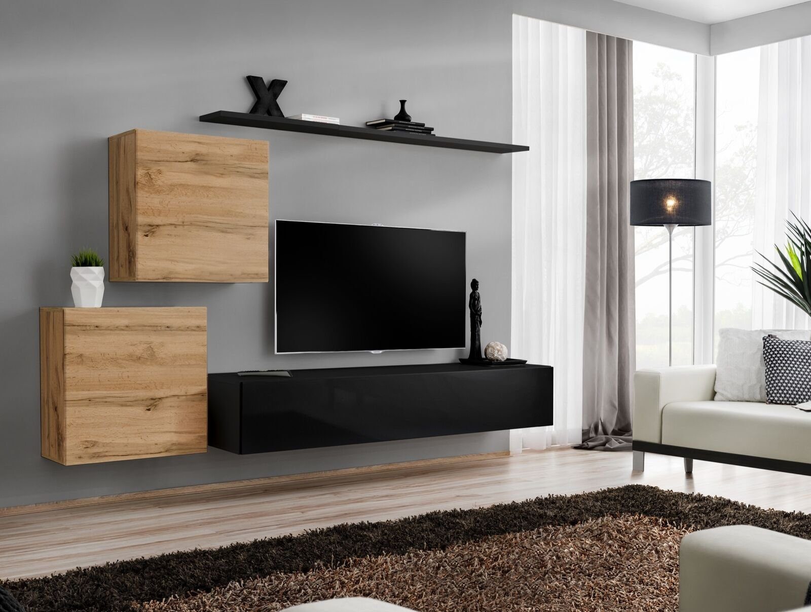 JVmoebel Wohnzimmer-Set Designer Wohnwand Wohnzimmermöbel Wandregale Luxus TV Ständer, (5-St., 1x Wohnwand + 1x TV Ständer + 2x Wandschrank + 1x Wandregal), Made in Europa