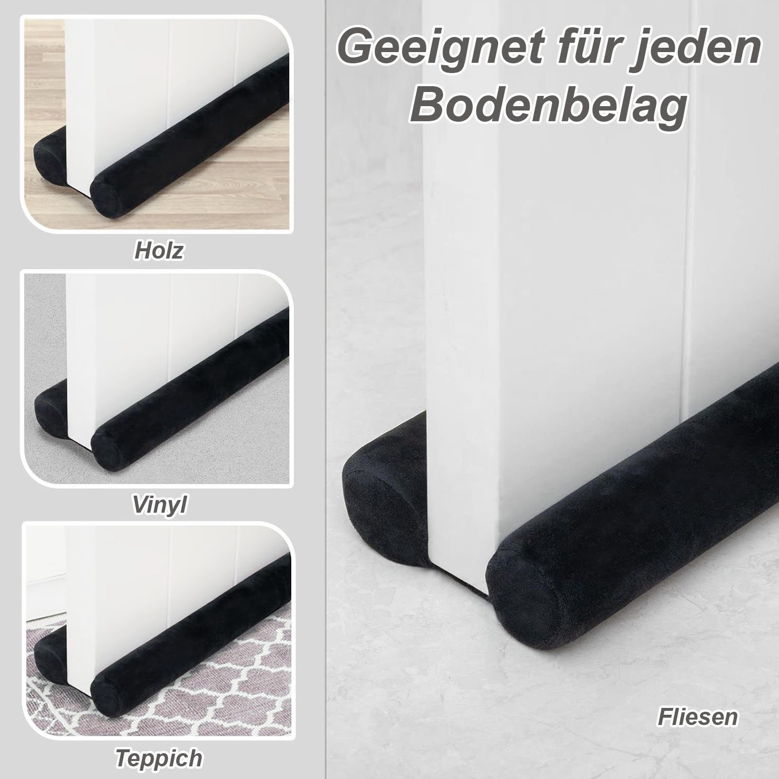 VOSSBACH Zugluftstopper Tür Windstopper Türdichtung Türisolierung Dichtung Isolierung, 1-tlg., Mikrofaser Schwarz mit Doppeldichtung – Bild 5 von 5
