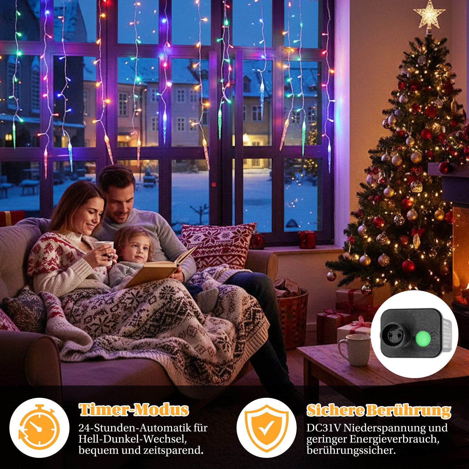 Rosnek LED-Lichtervorhang Eiszapfen-Anhänger, 8 Modi, Timer, für Traufe Weihnachtsdeko, Memory-Funktion, anschließbar, Niedrige Spannung, 96 LEDs, 3.5M – Bild 5 von 5