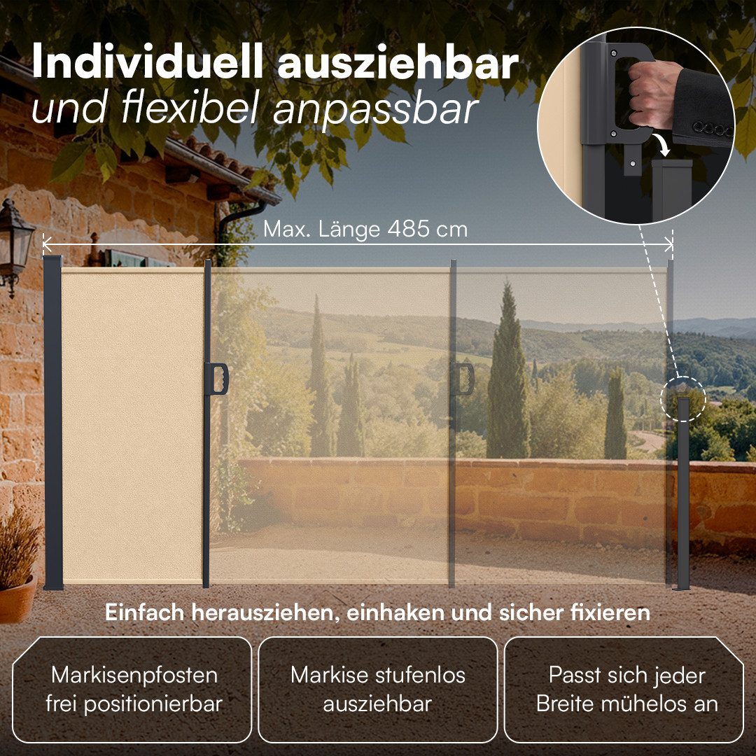 STEELSØN Seitenmarkise Zirella mit individuell einstellbarer Länge (beige, 160x485 cm) Windschutz mit Griff, Sichtschutz ausziehbar, für Garten/Terrasse – Bild 4 von 5