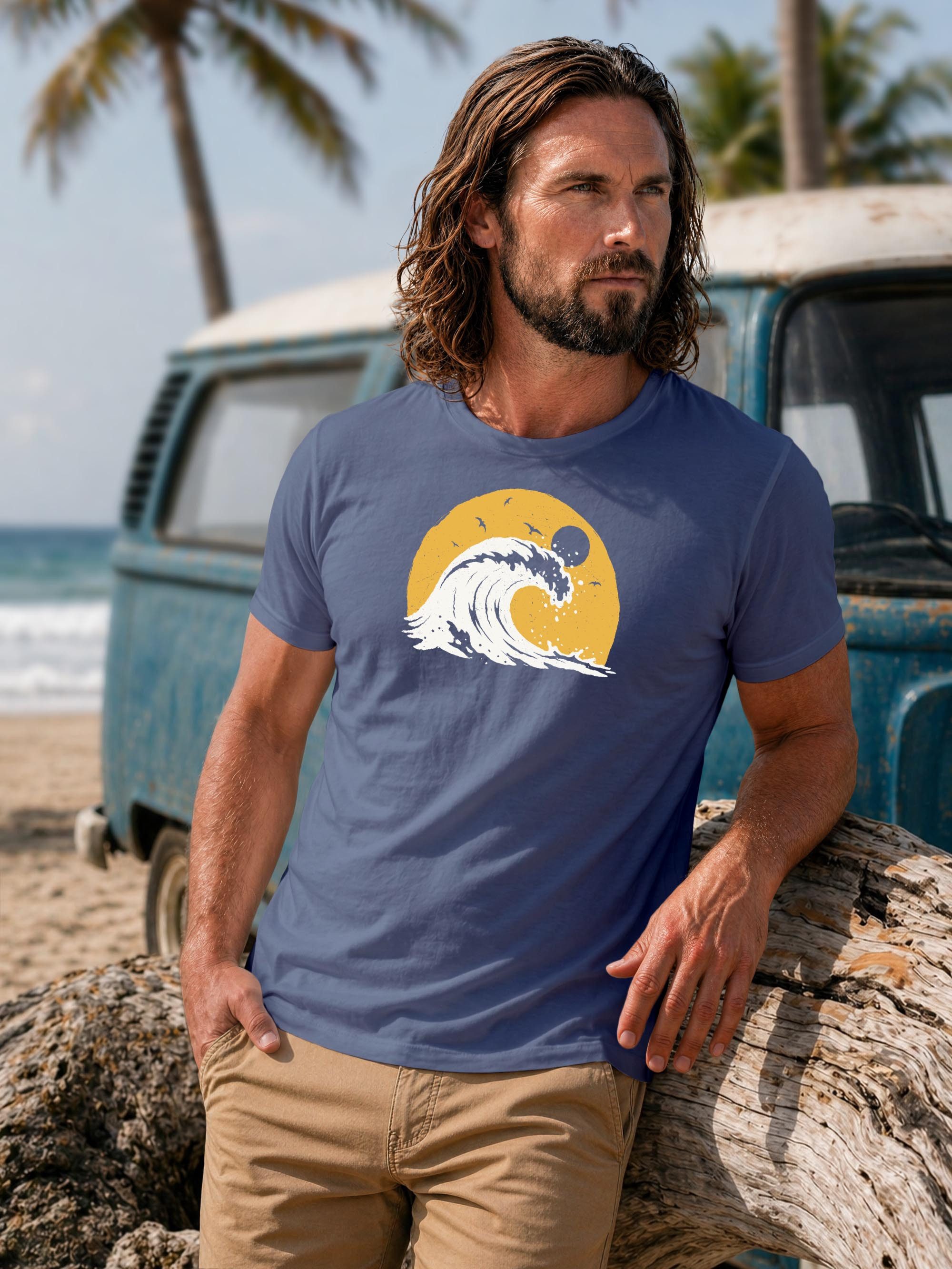 Neverless Print-Shirt Herren T-Shirt Frontprint Welle Printshirt Maritim Meer Surfing mit Print