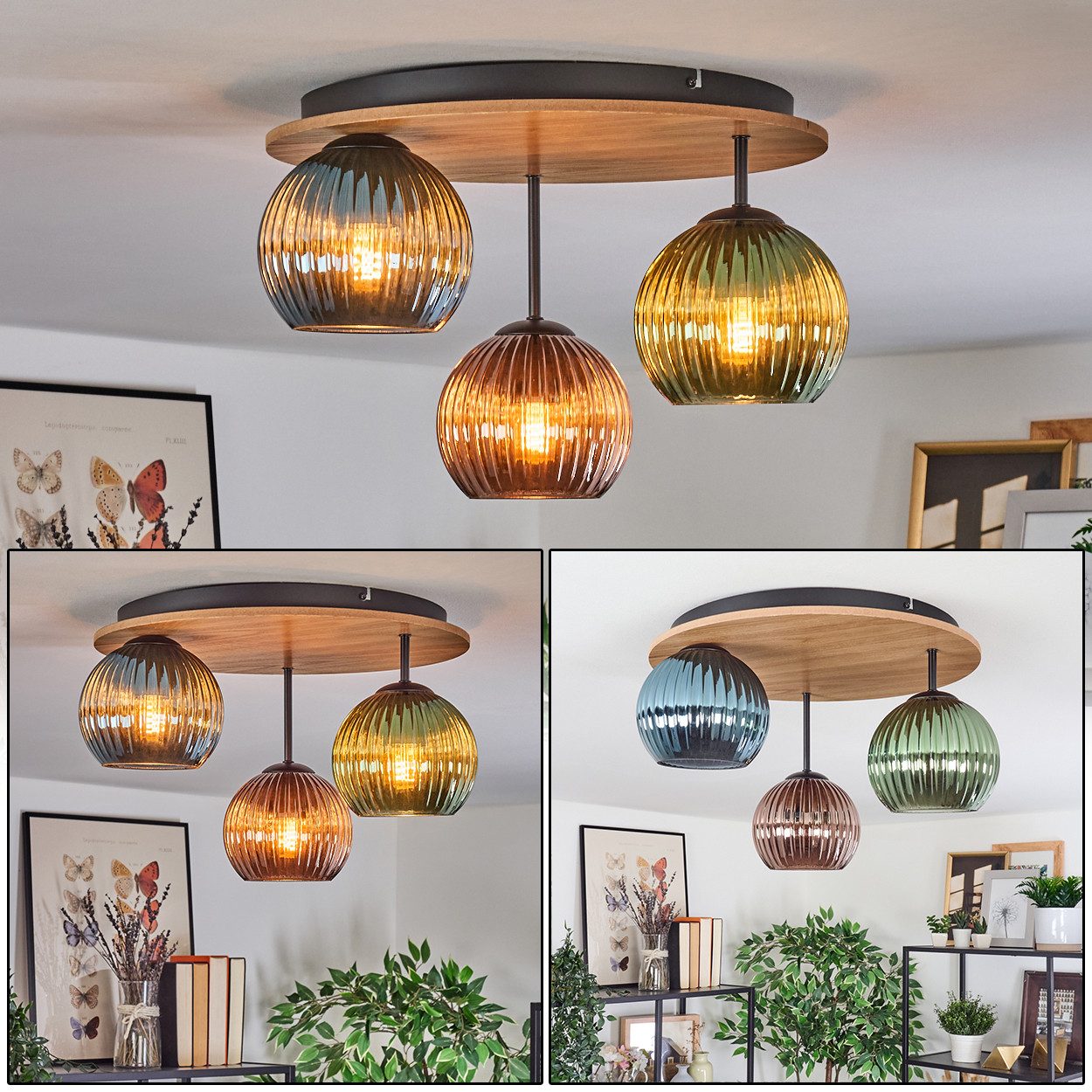 hofstein Deckenleuchte Deckenlampe aus Metall/Holz/Riffelglas, Schwarz/Natu günstig online kaufen