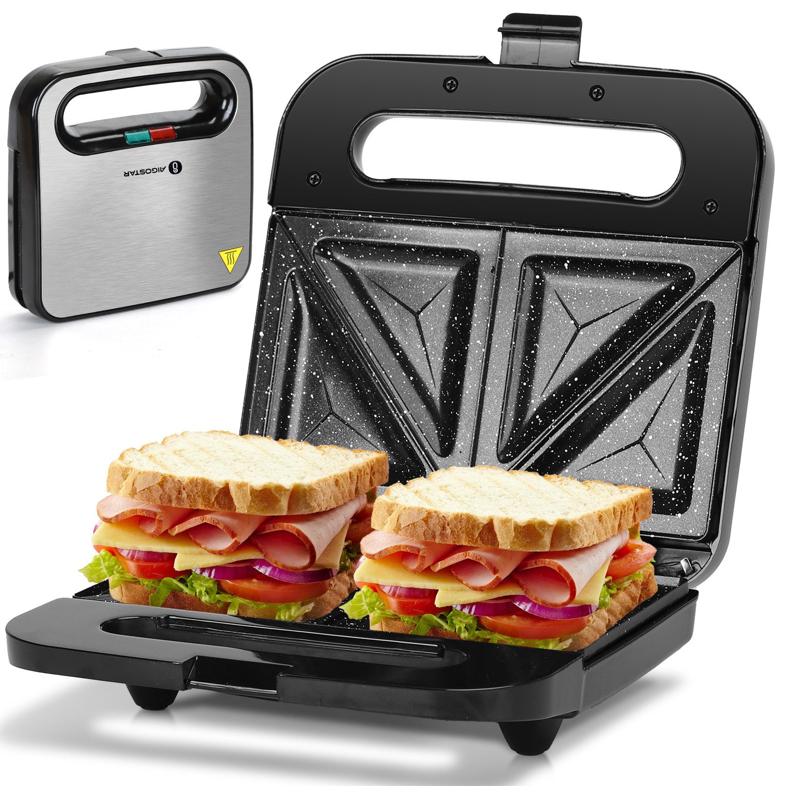 Aigostar Грили для сэндвичей Sandwichtoaster mit Antihaft-Keramikbeschichtung, Praktisch und Sicher, 800,00 W, Schnelles und Gleichmäßiges Aufheizen, Hochhitzebeständiges Gehäuse