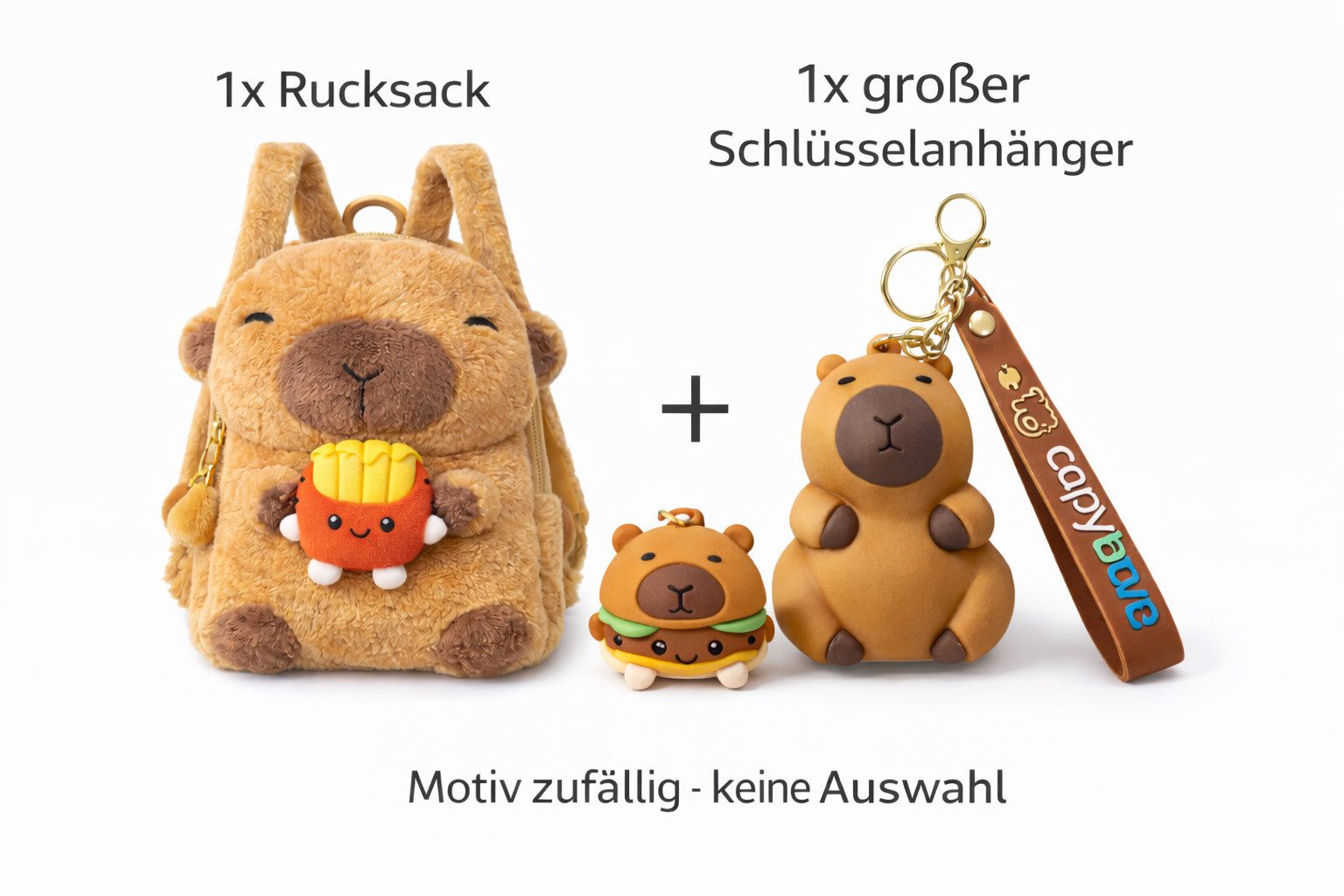 soma Schulrucksack Capybara Rucksack 2in1 Plüsch Kinder mit Anhänger Set (Set, 2-tlg., Geschenk-Set), Motiv zufällig Burger oder Pommes + Capybara Schlüsselanhänger
