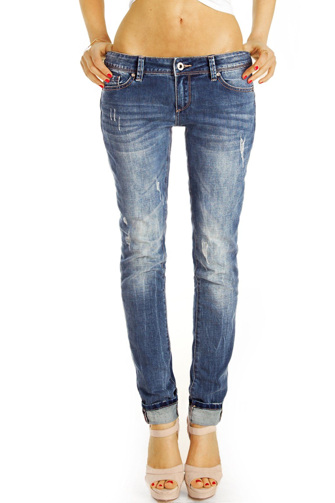Hüftjeans Stretchanteil, j24k-2 used mit - Look, Jeans Destroyed Low styled Hose Destroyed-Jeans - Waist be 5-Pocket-Style Frauen