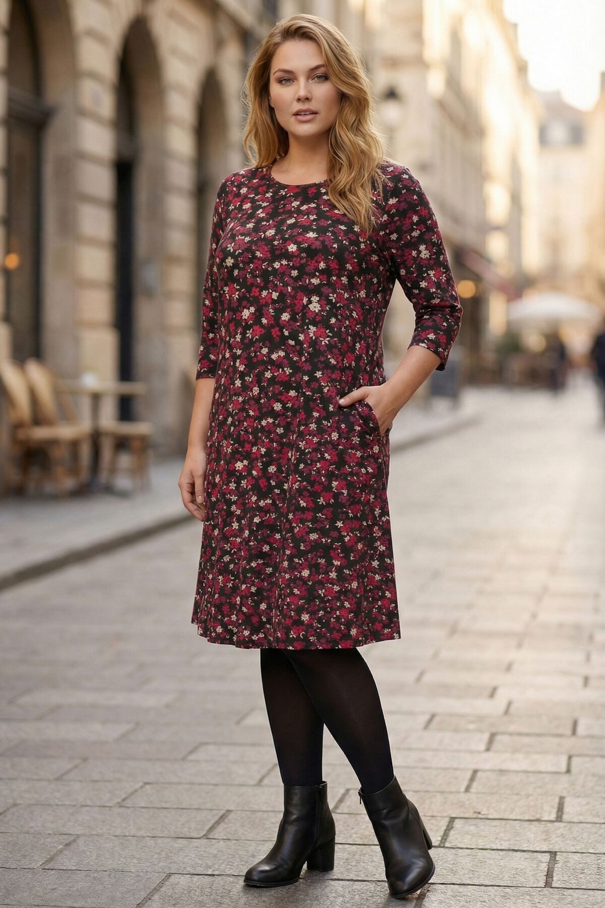 Stil Diva Minikleid Übergrößen Burgunder Blumen Kleid mit Taschen günstig online kaufen