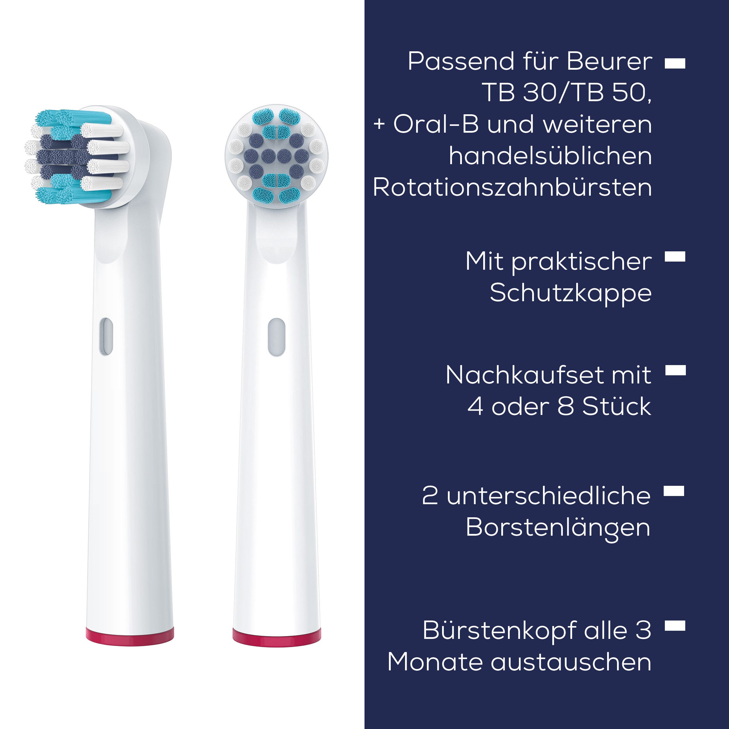 BEURER Aufsteckbürsten TB 30/50 Bürstenköpfe Clean, für elektrische Zahnbürsten, Mit 2 Borstenlängen, Schutzkappe & farbigen Unterscheidungsringen