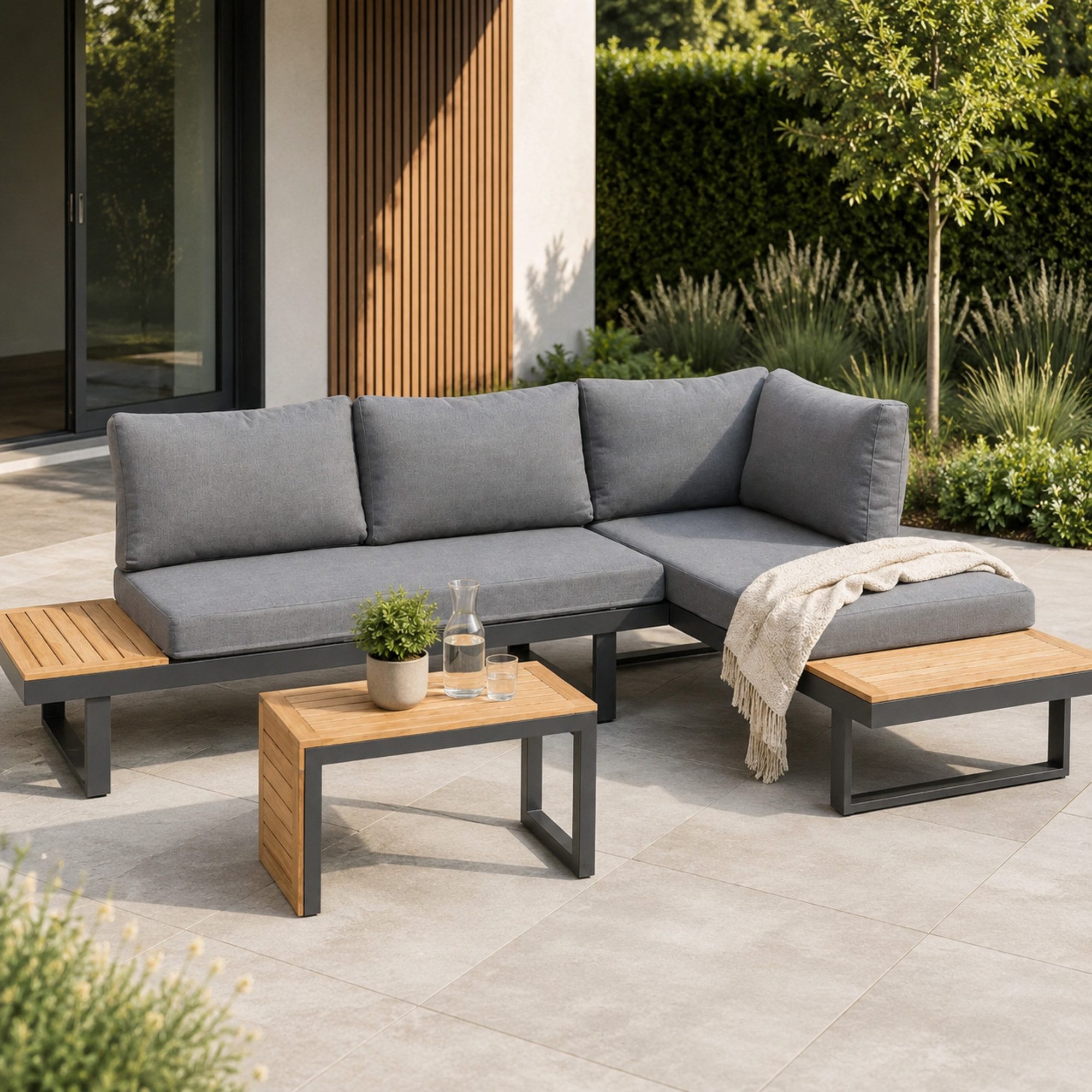 Greemotion Gartenlounge-Set Samara, Loungemöbel Outdoor, Holz/Grau inkl Auflagen & Tisch, (inkl. Auflagen), 3-tlg)