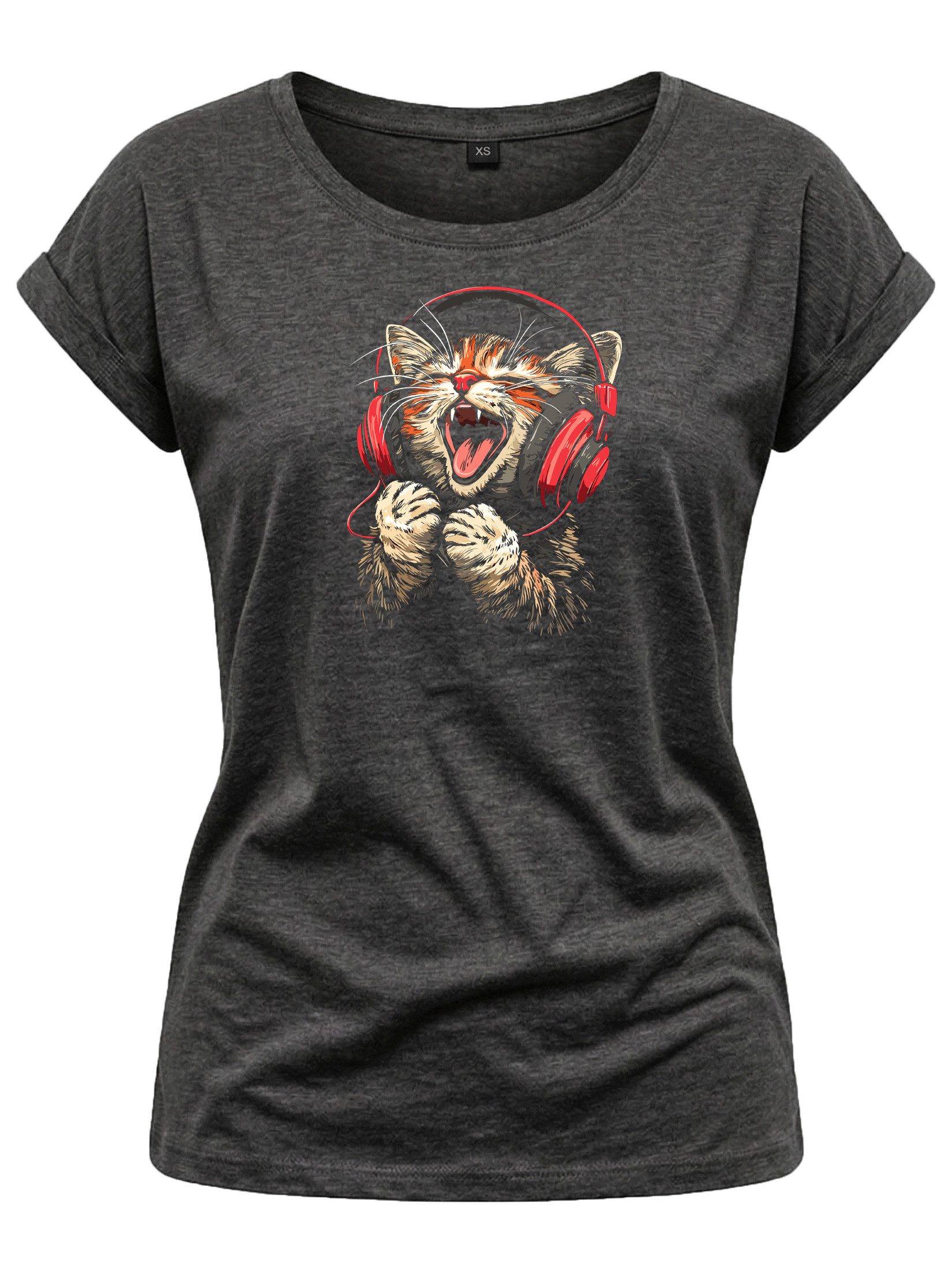 T-Shirt Lustiges Katzenshirt für Damen – Musik Katze mit Kopfhörern