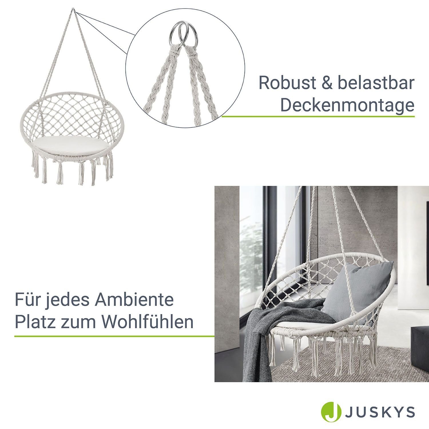 Juskys Hängesessel Cadras Rückenkissen, Sitzkissen), 120 Sitz und Beige gemütlichem (mit Belastbarkeit kg mit