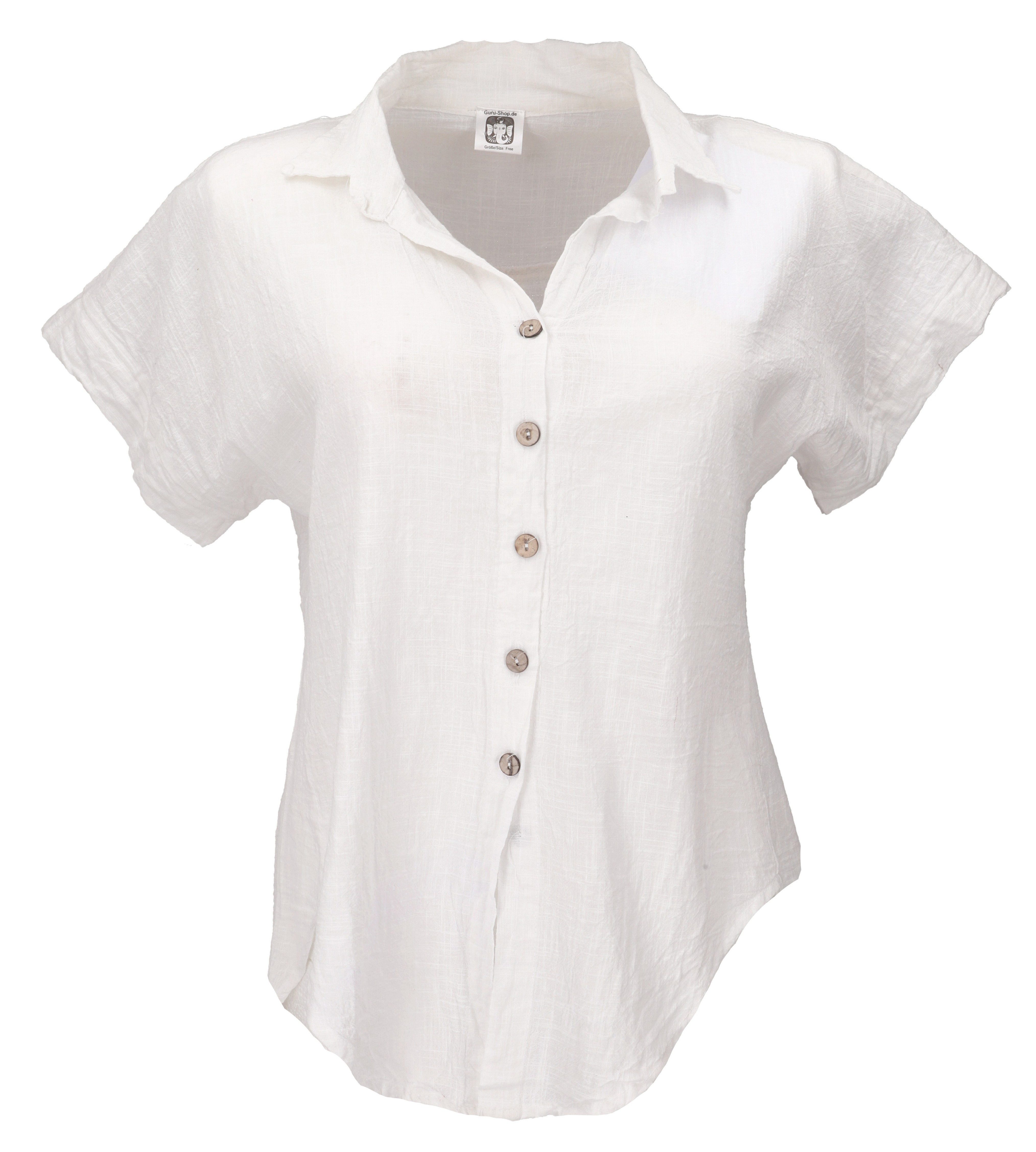 Guru-Shop Longbluse Baumwollbluse mit Kokosknöpfen - weiß alternative Bekleidung