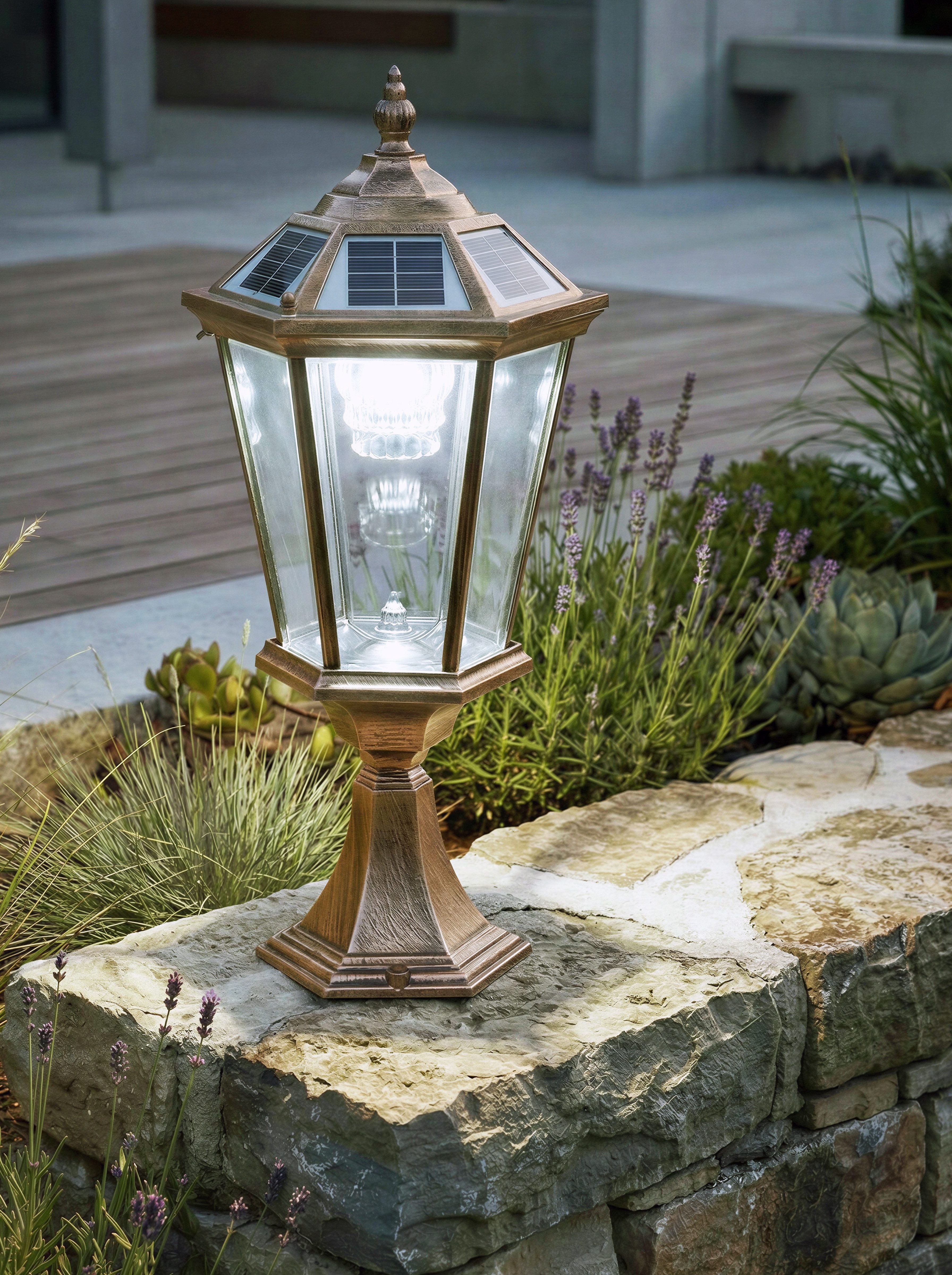 Arnusa LED Solarleuchte Sockelleuchte Außenleuchte Kupferoptik kabellos Akku Solar Laterne, Duo Color Farbeinstellung, LED fest integriert, warmweiß, kaltweiß, Duo Color Farbeinstellung helle Solarlampe