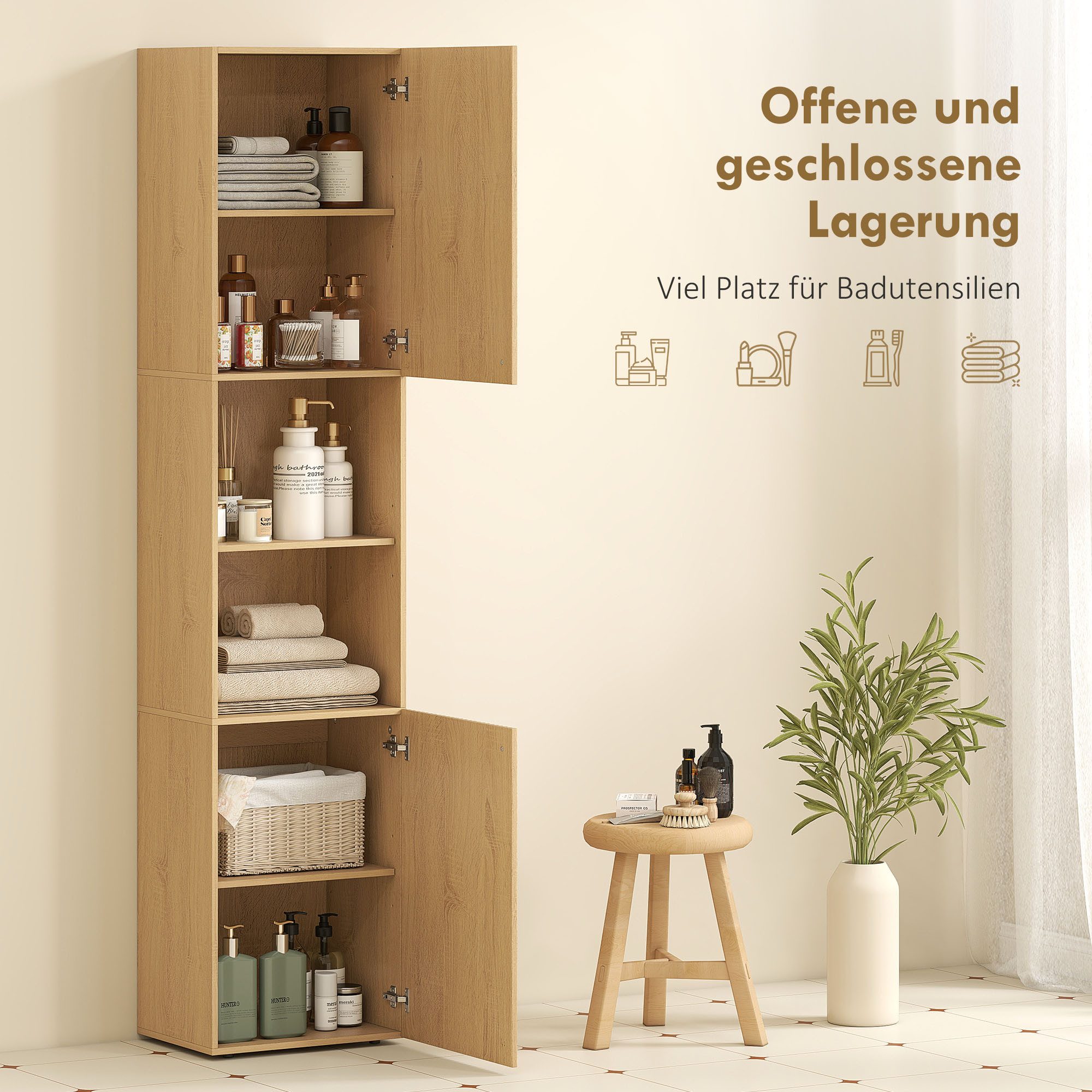HOMCOM Badkommode mit 2 Schränke, 2 offene Regale (Badschrank, 1 St., Hochschrank), für Badezimmer, Eiche