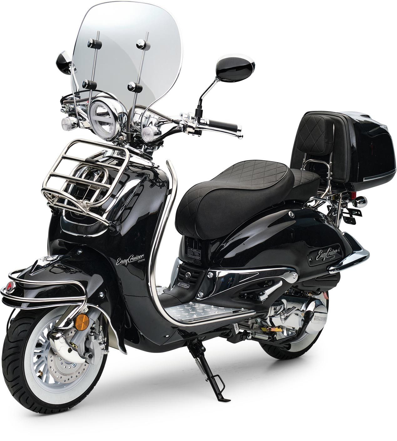 Burnout Motorroller EasyCruiser Chrom Schwarz, 50 ccm, 25 km/h, Euro 5, LED Beleuchtung, Digitales Tacho, Retro, mit Windschild & Topcase, USB