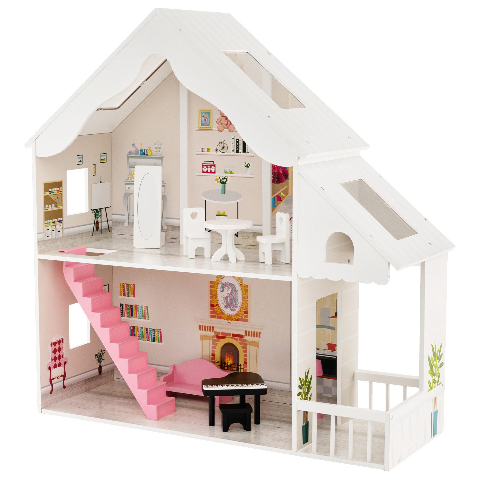 KOMFOTTEU Puppenhaus Traumhaus, mit 5 Räumen & Möbelset, 81 x 30 x 86 cm