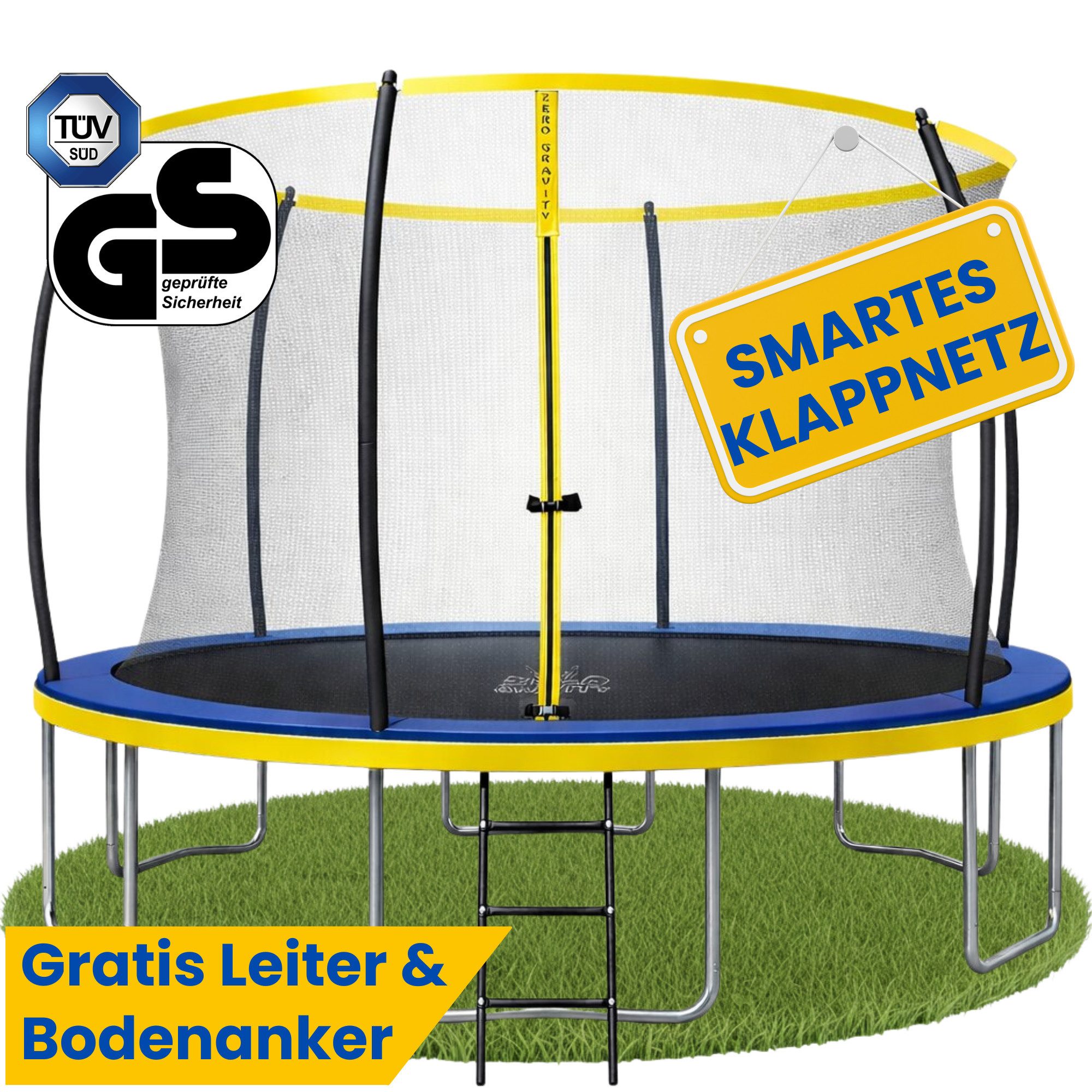 Zero Gravity Gartentrampolin Trampolin Outdoor Ø183/244/305/366/427cm mit smartem Klappnetz, Ø 366 cm, TÜV GS geprüfte Sicherheit