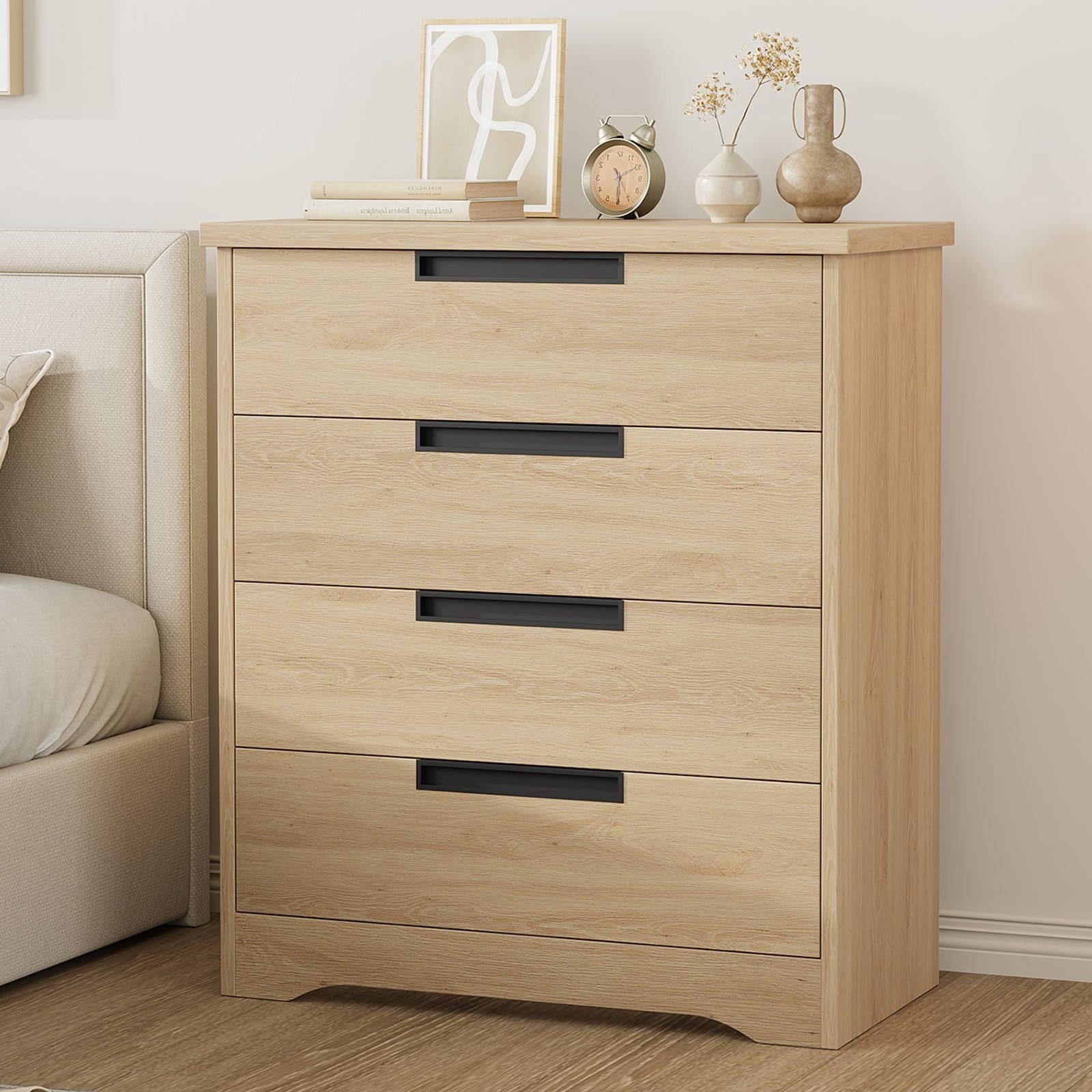 GarveeMore Kommode Schubkastenkommode Nachtkommode aus Naturholz mit 4 Schubladen, Anrichte Sideboard mit eingelassenen Griffen