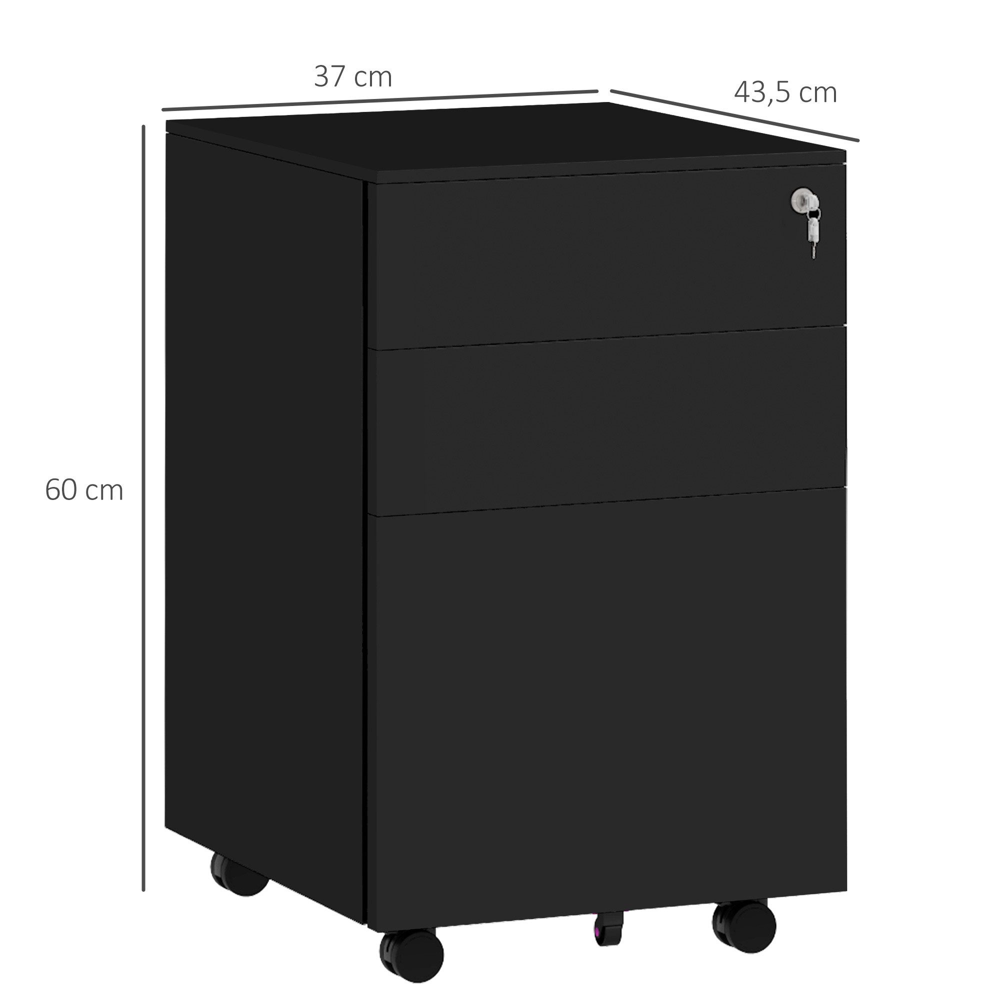 Vinsetto Rollcontainer Aktenschrank mit 3 Schubladen, Büroschrank mit Schloss, (Büroschrank, 1 St., Standcontainer), für A4-Format, Stahl, Schwarz, 37 x 43,5 x 60 cm