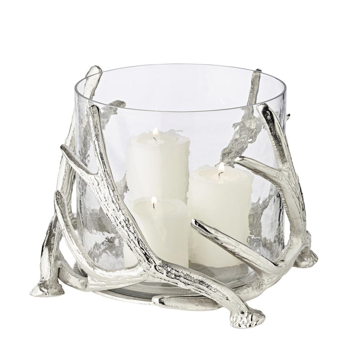 EDZARD Windlicht Kingston, Kerzenhalter im Geweih-Design für Stumpenkerzen, Kerzenleuchter mit Silber-Optik, Höhe 19 cm, Ø 21