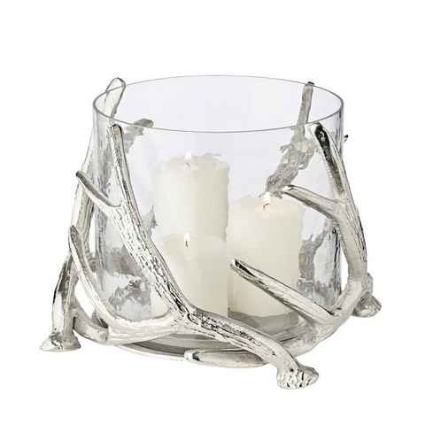 EDZARD Windlicht Kingston, Kerzenhalter im Geweih-Design für Stumpenkerzen, Kerzenleuchter mit Silber-Optik, Höhe 19 cm, Ø 21