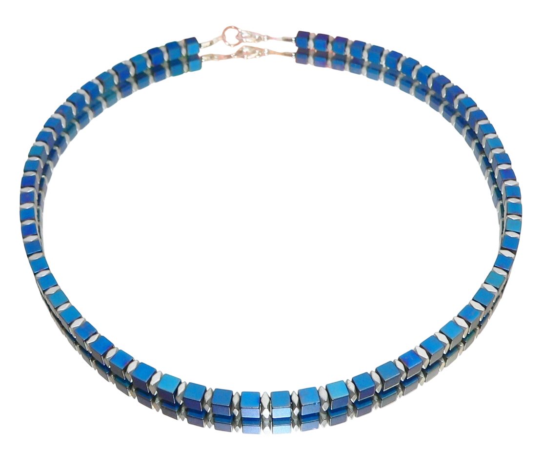 Collier 052s Halskette Würfelkette Hämatit pudrig blau Spacer silber