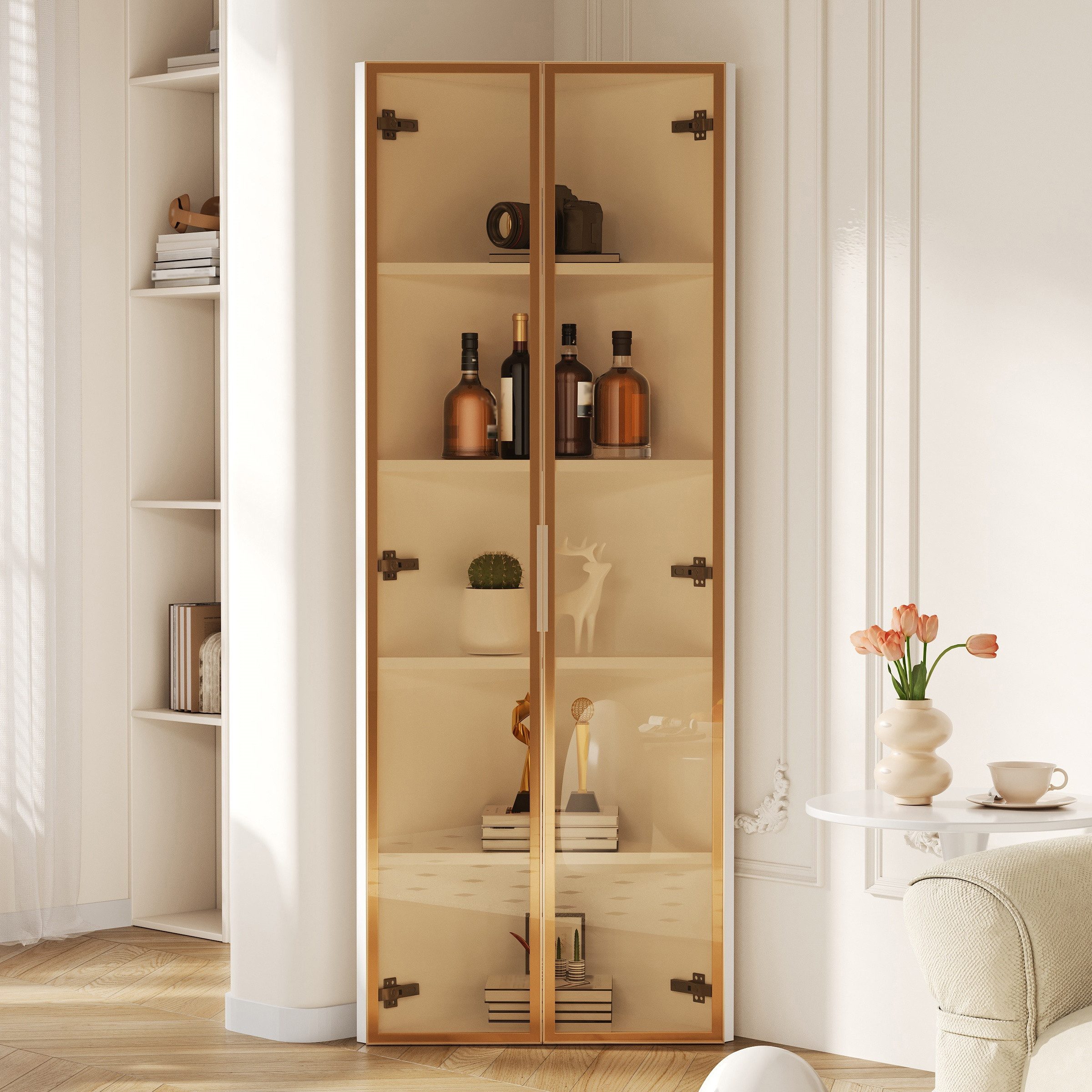 Flieks Glasvitrine Eckvitrine mit LED-Beleuchtung und 5 Fächer (1-St., B62/T35/H160 cm) Standvitrine Eckschrank Hochschrank Highboard Wohnzimmer