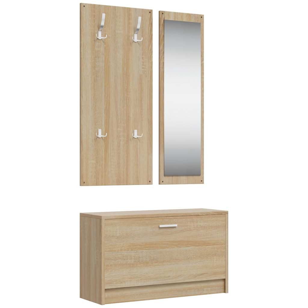 furnicato Garderoben-Set Schuhschrank-Set 80x27x46,5cm Sonoma-Eiche, (1-St), Flurmöbel-Set mit 4 Kleiderhaken und großem Wandspiegel für den Flur – Bild 2 von 5