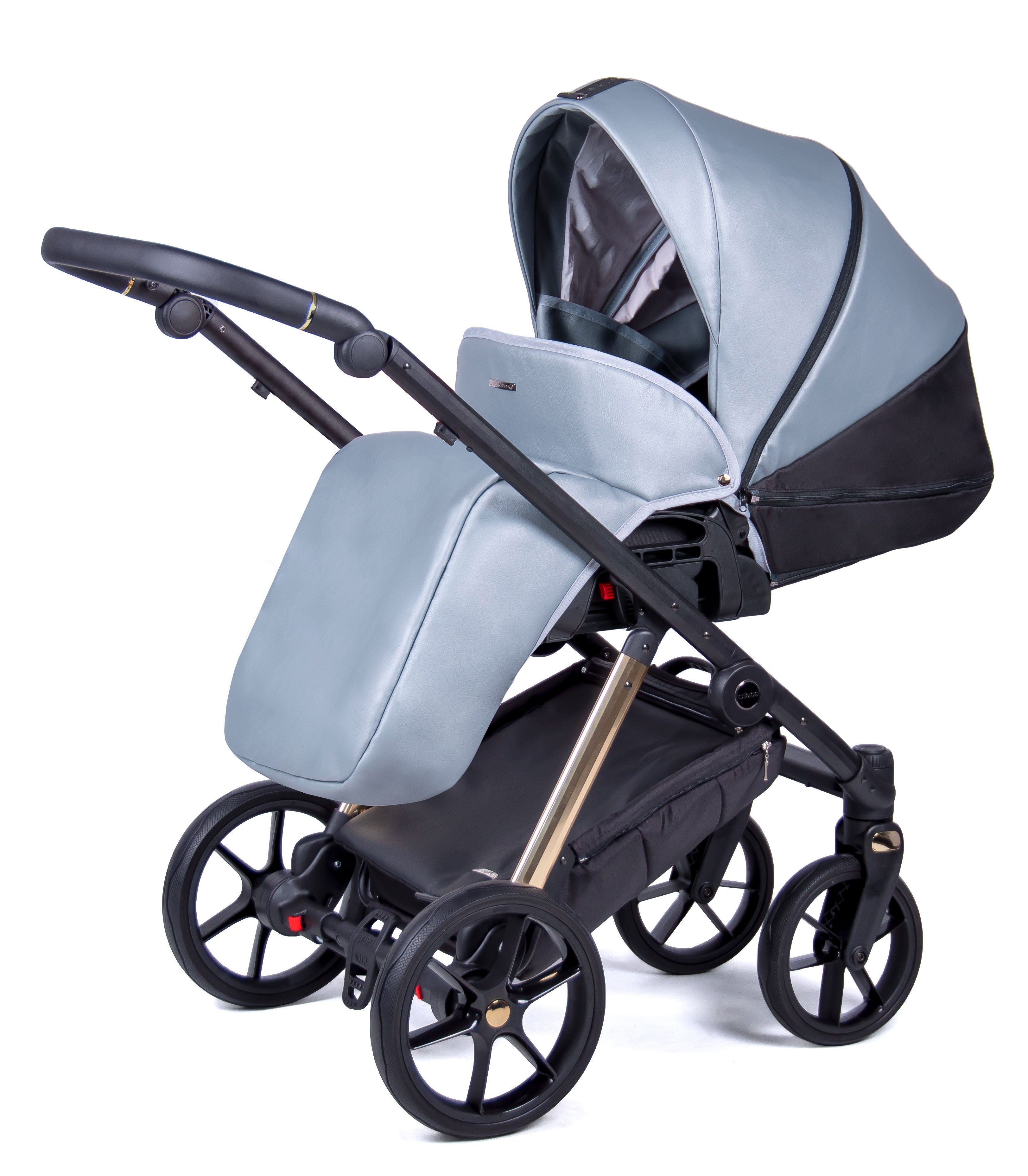 babies-on-wheels Kombi-Kinderwagen 2 in 1 Gestell Axxis Premium in Kinderwagen-Set 14 gold - Oceanblau= Designs - 12 Teile