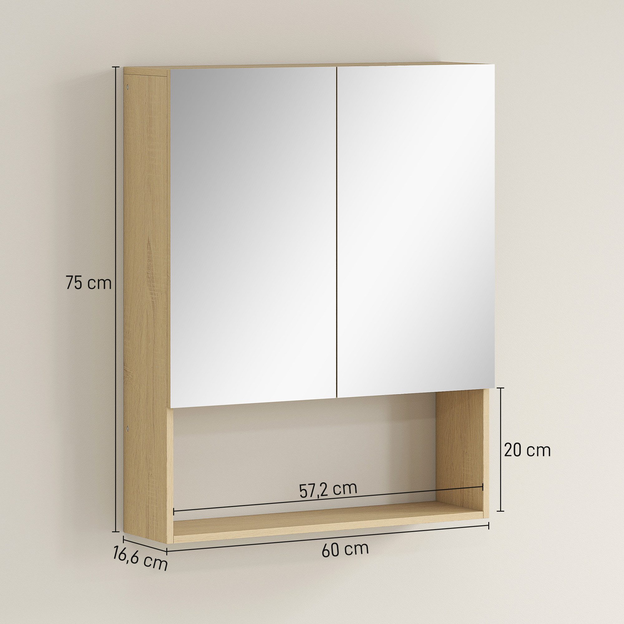 HOMCOM Spiegelschrank Bad Hängeschrank mit Spiegel Soft-Close, 2 Türen (Badschrank, 1-St., Badezimmerschrank) 60 x 16,6 x 75cm, Eiche