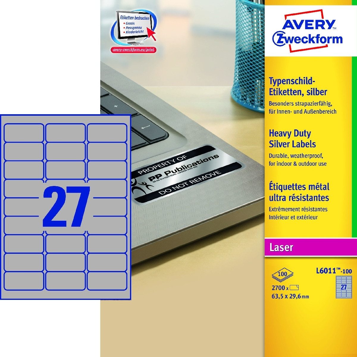 Avery Zweckform Etiketten Typenschild-Etiketten 63,5x29,6mm elektronische Komponenten VE=100 Bog