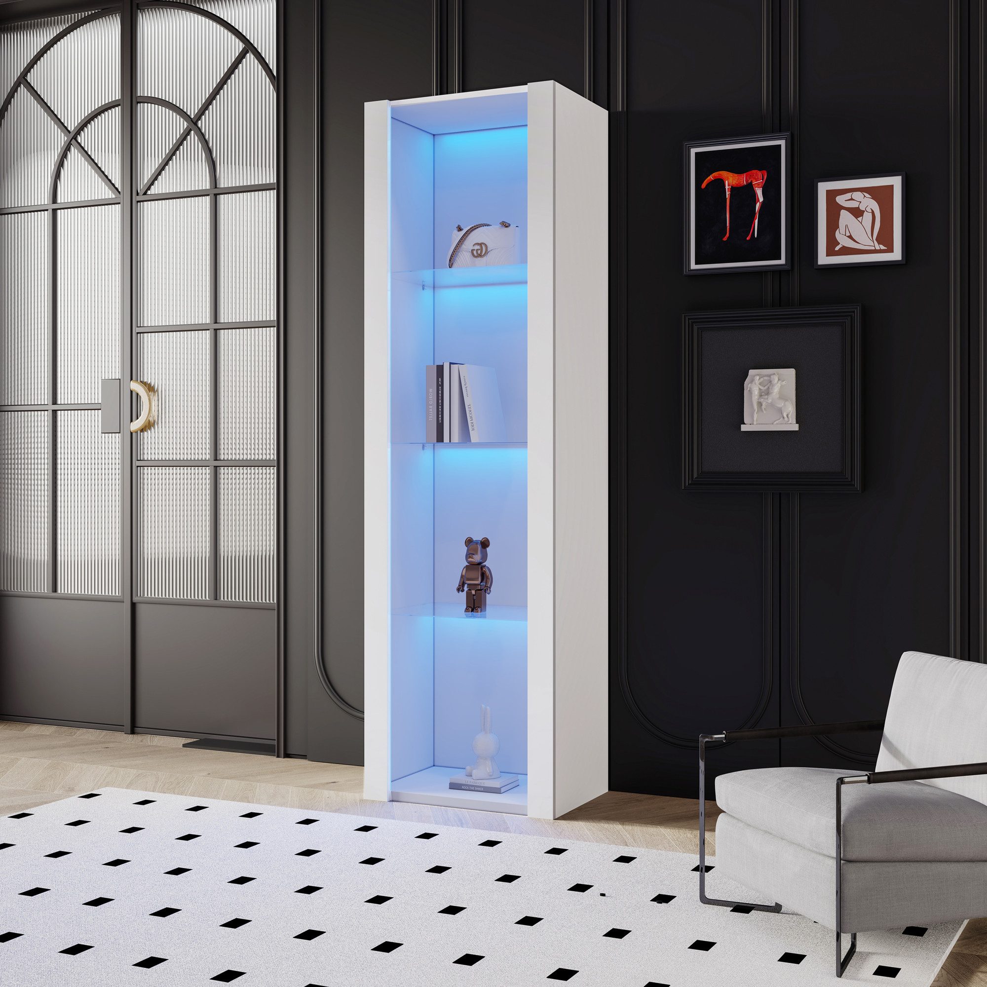 OKWISH Vitrine Standvitrine Glasvitrine (4 Fächern, ohne Tür) APP Steurung mit LED-Beleuchtung 55*38*166cm