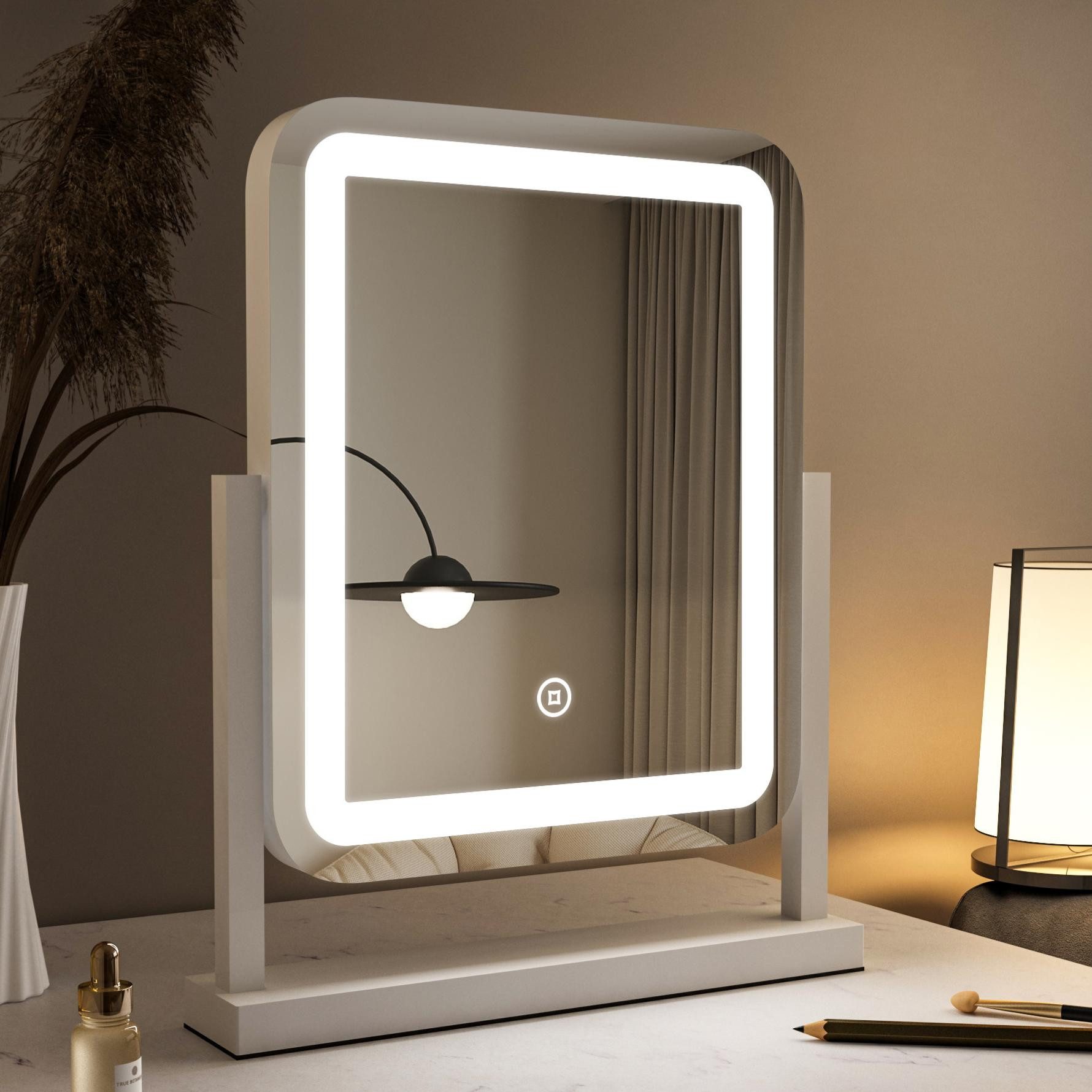 WDWRITTI Schminkspiegel Kosmetikspiegel LED Tisch mit Beleuchtung (Makeup Spiegel Rechteckig, 3Lichtfarben, Helligkeit dimmbar, Touch), 360° Drehbar, HD Umweltschutz Spiegel