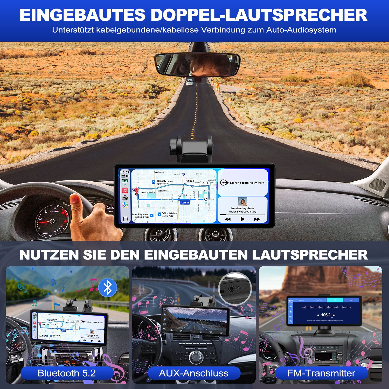 CkeyiN 10,26-Zoll-HD Tragbar Kabellos Android Carplay Autodisplay Touchscreen Navigationsgerät (4K-Frontkamera, Bluetooth, AUX, FM, Mirror Link, Siri)