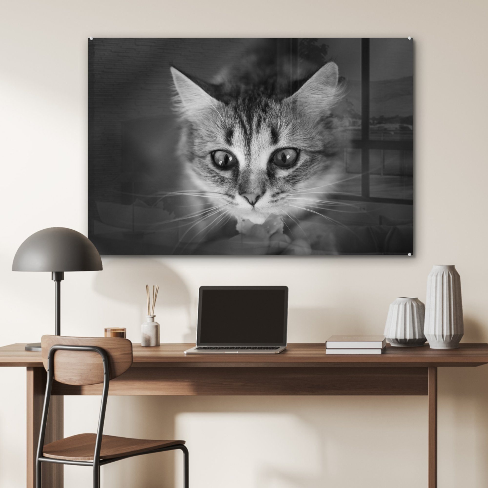 Acrylglasbild & weiß, Wohnzimmer MuchoWow riechende schwarz Schlafzimmer Katze Tierprofil und in Acrylglasbilder St), (1