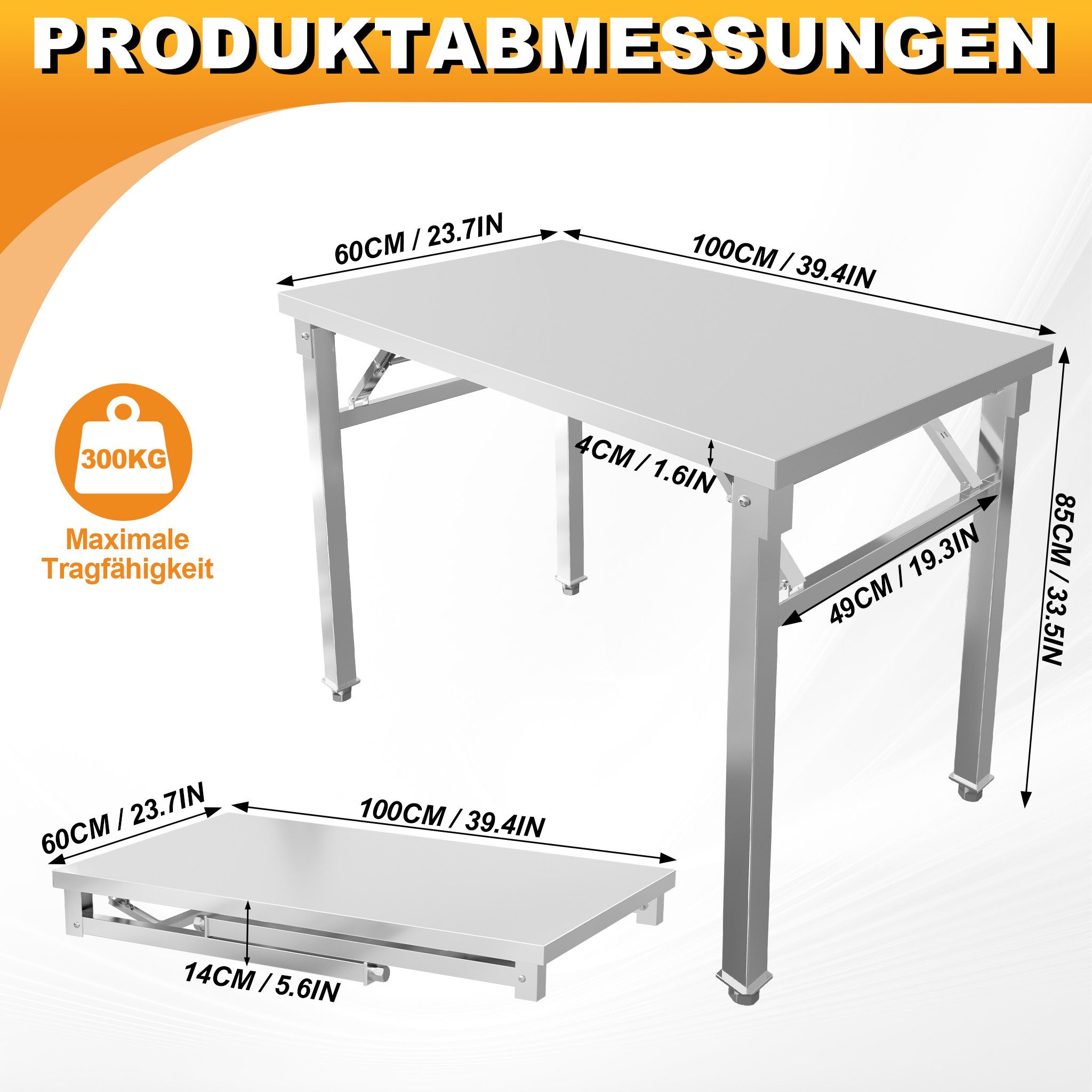 FIVMEN Arbeitstisch Edelstahltisch Klappbar Edelstahl Küchen Tisch Grilltisch Küchenplatte, Professionelle Gewerbliche Küchenarbeitsbank für Restaurant, Schule